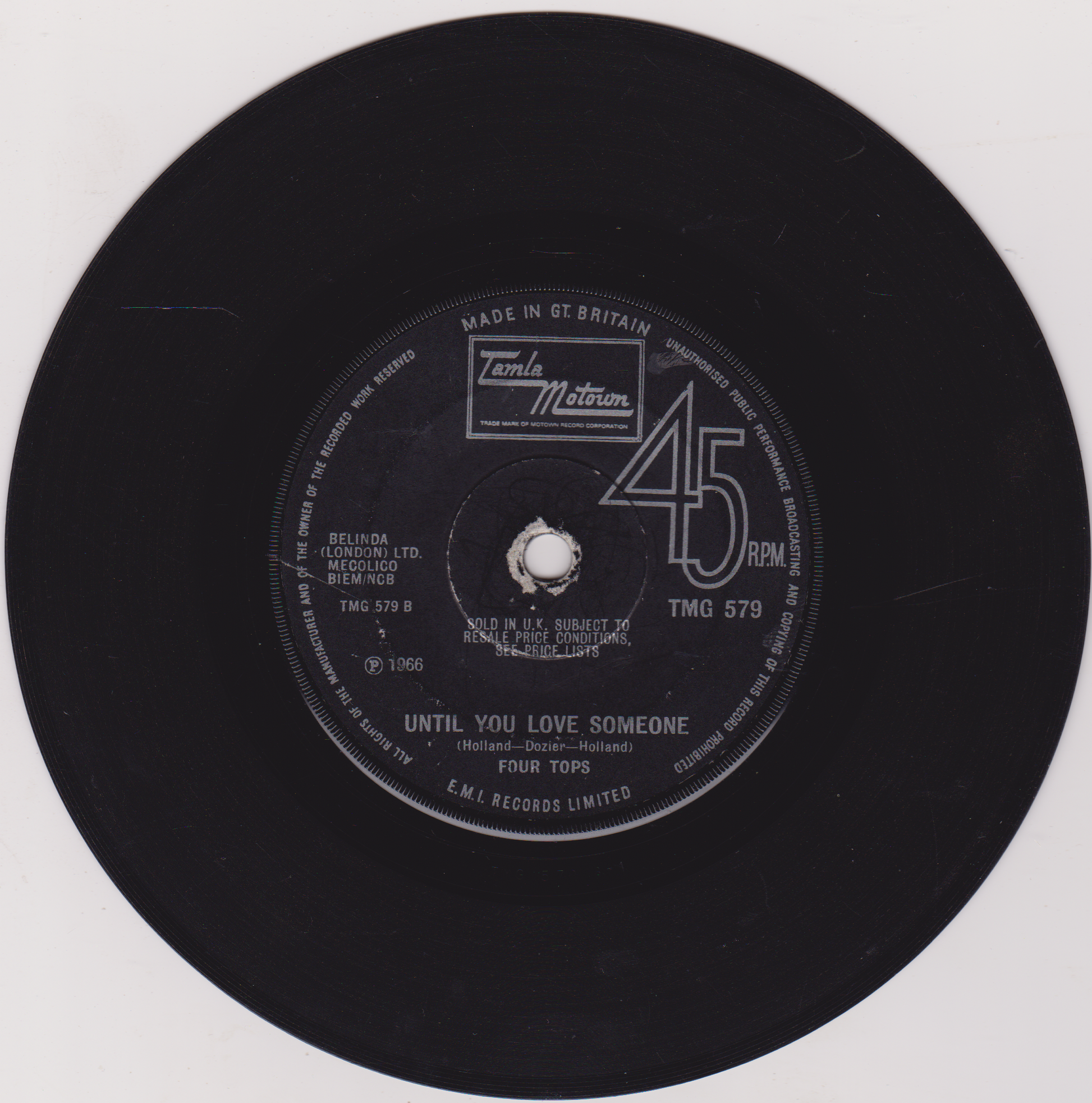 45 RPM record label with text and branding on a white background