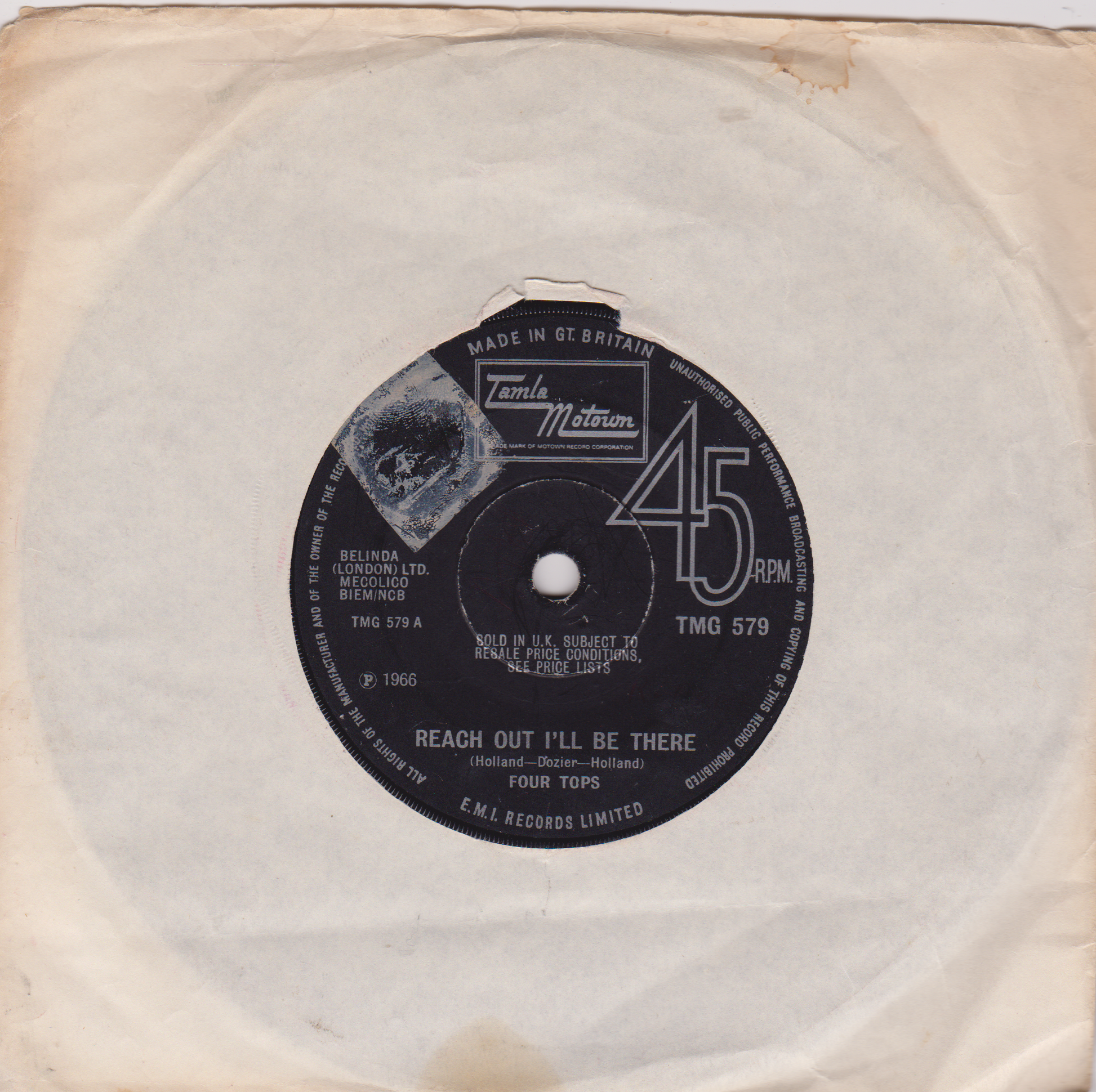 Record label with text and a 45 RPM symbol on a beige background