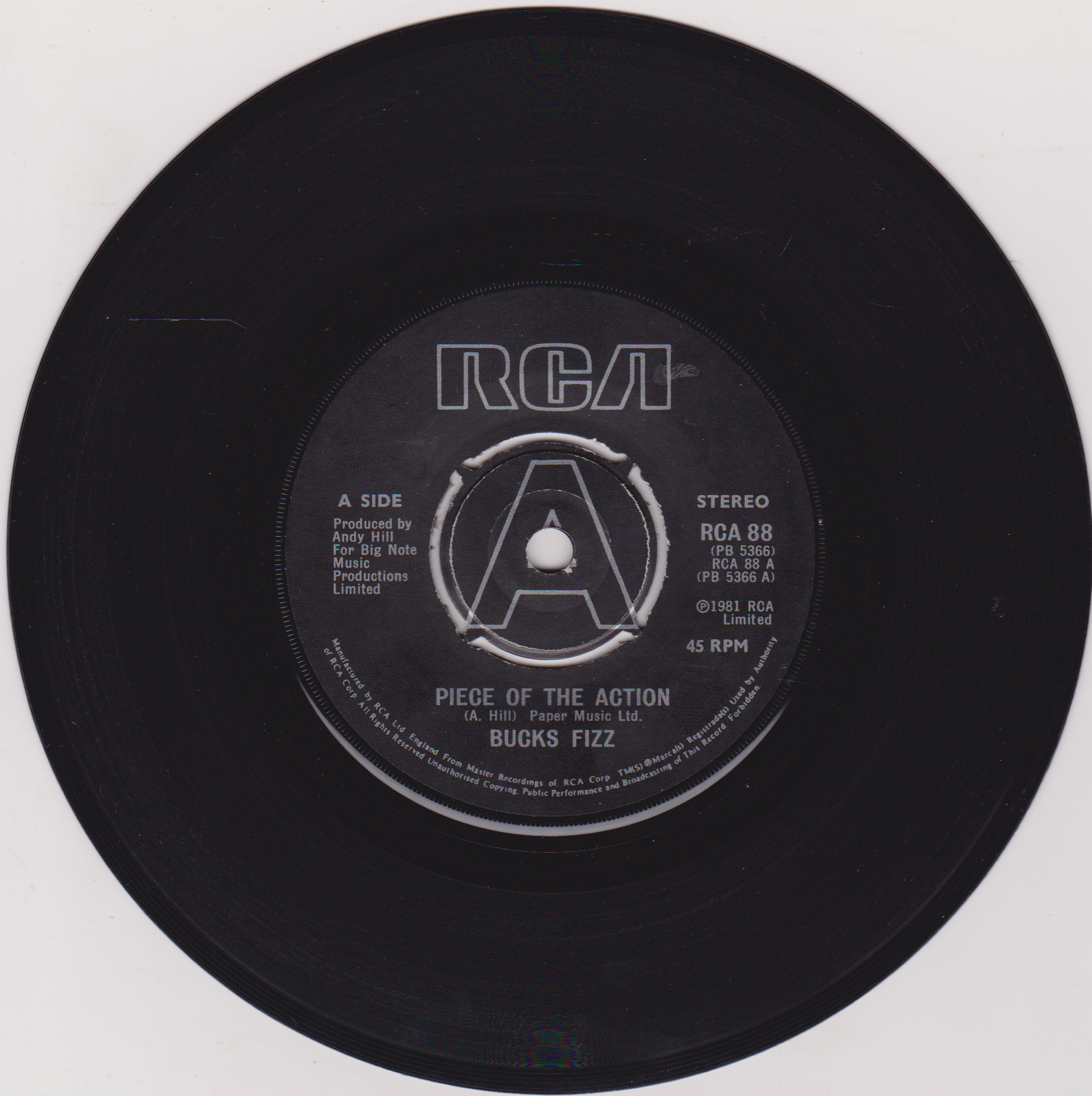 Black vinyl record with RCA label and text on a white background