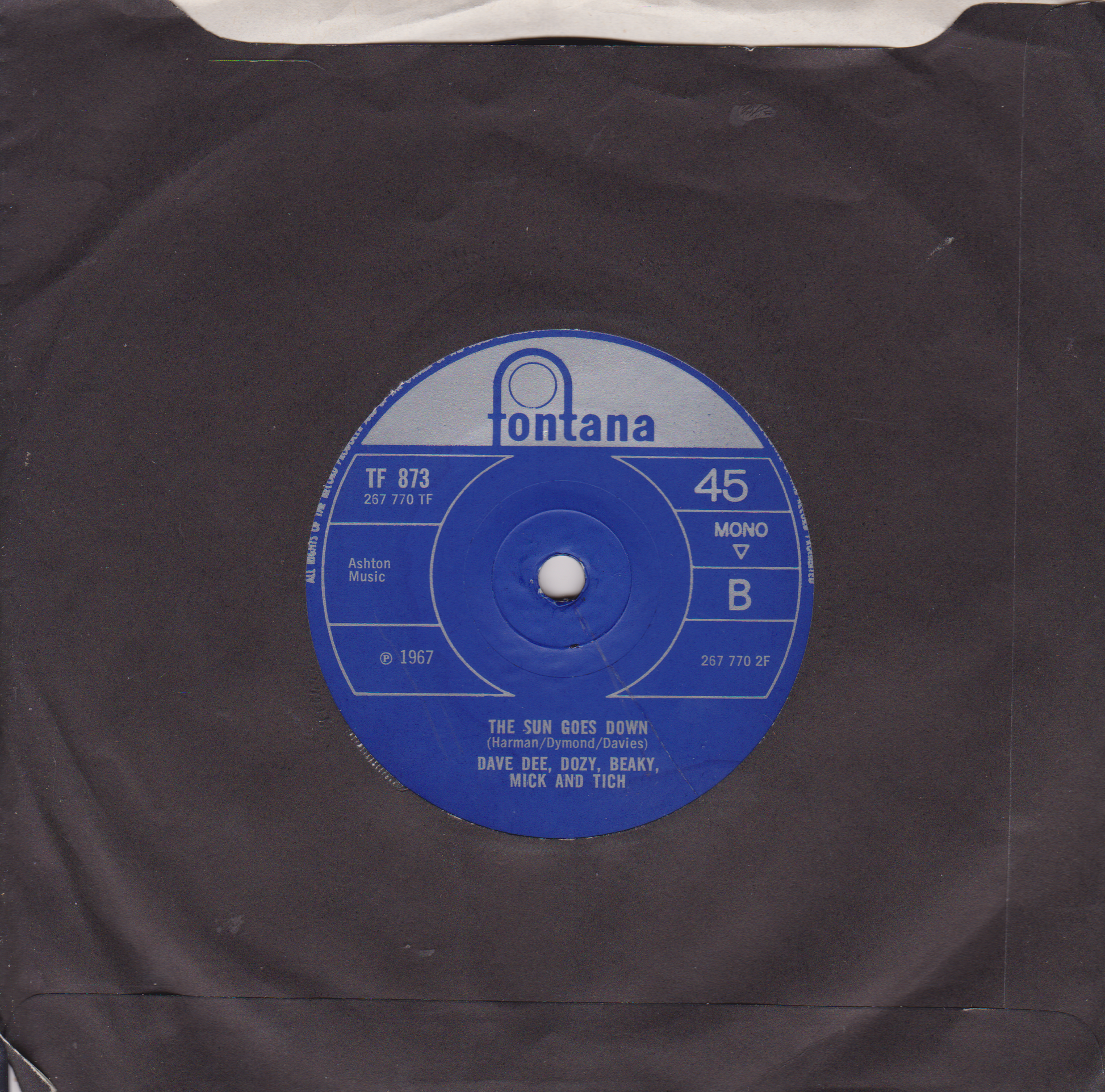 Vinyl record with a blue label featuring 'Fontana' branding on a dark surface.