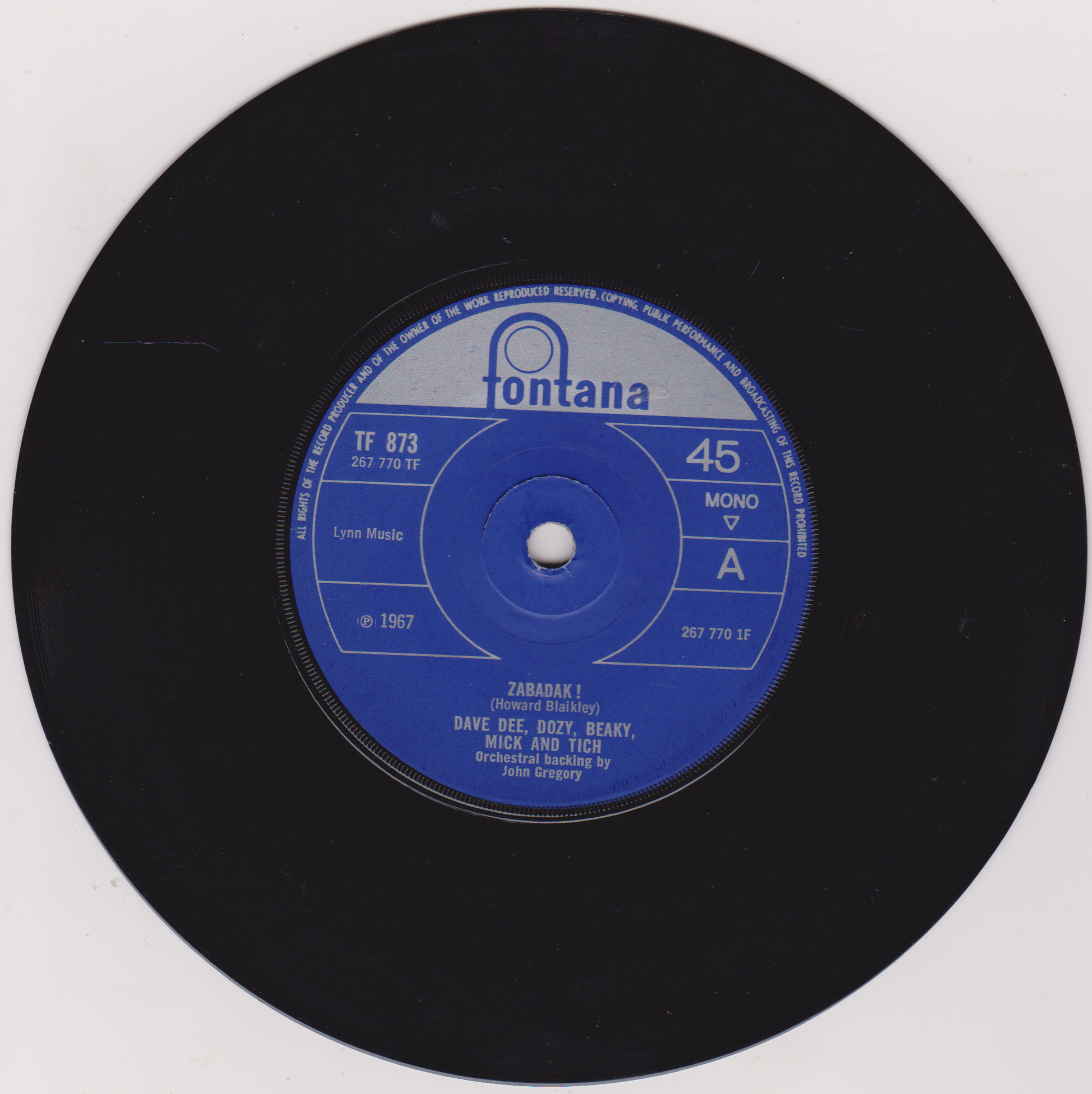 Vinyl record with a blue label featuring the Fontana logo on a white background