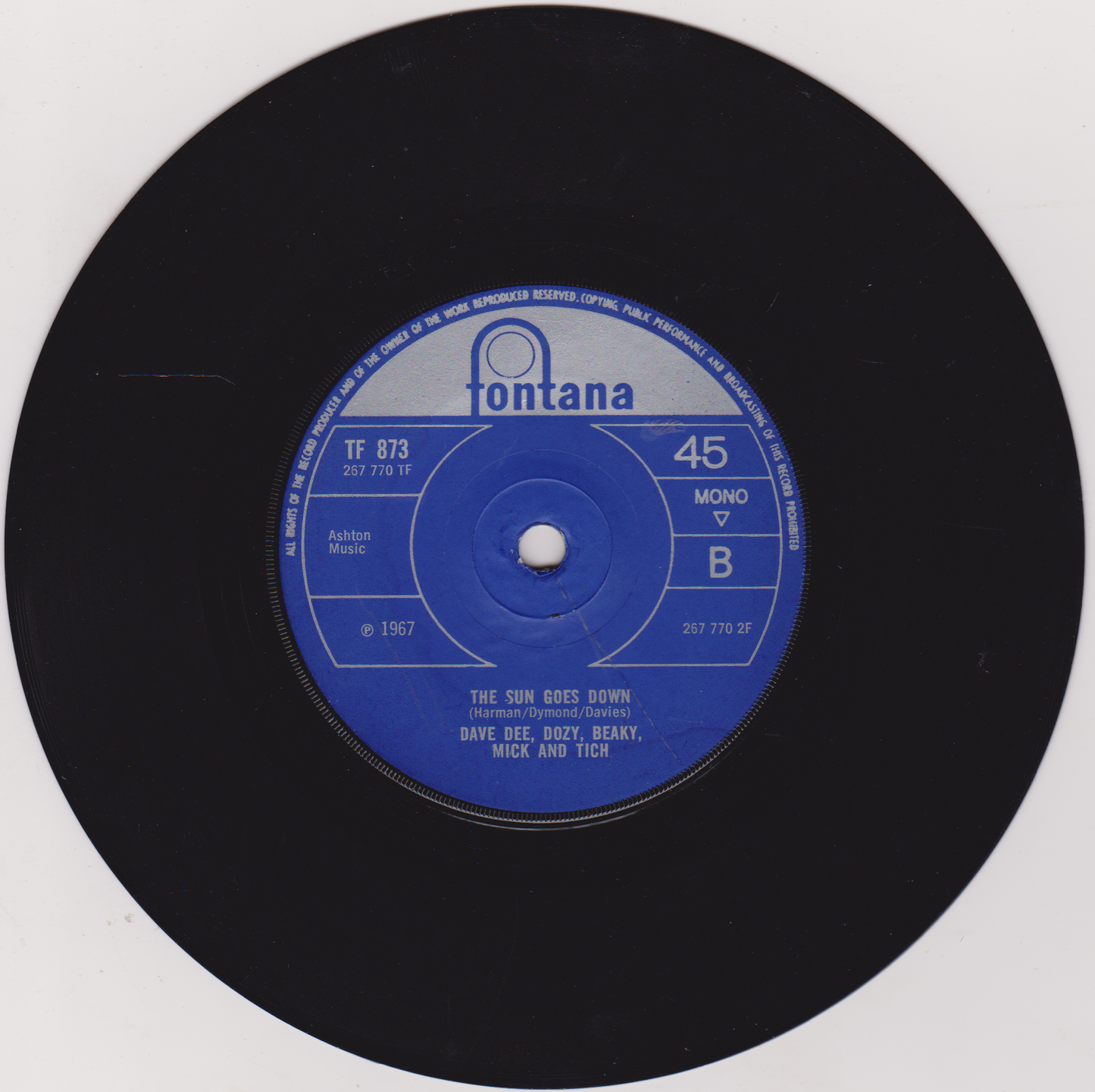Black vinyl record with a blue label featuring 'Fontana' branding on a white background
