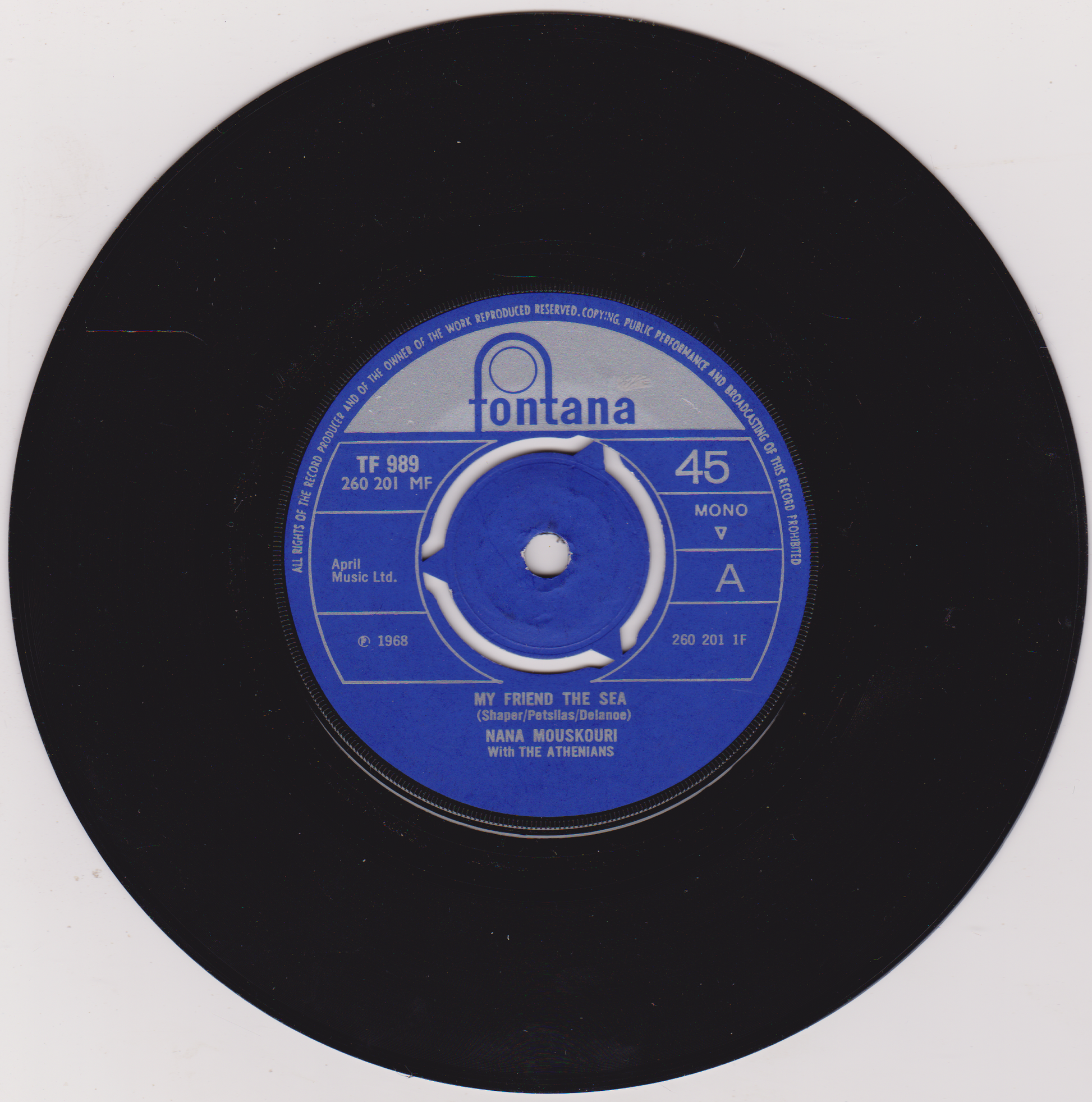 Black vinyl record with a blue label featuring 'Fontana' branding on a white background