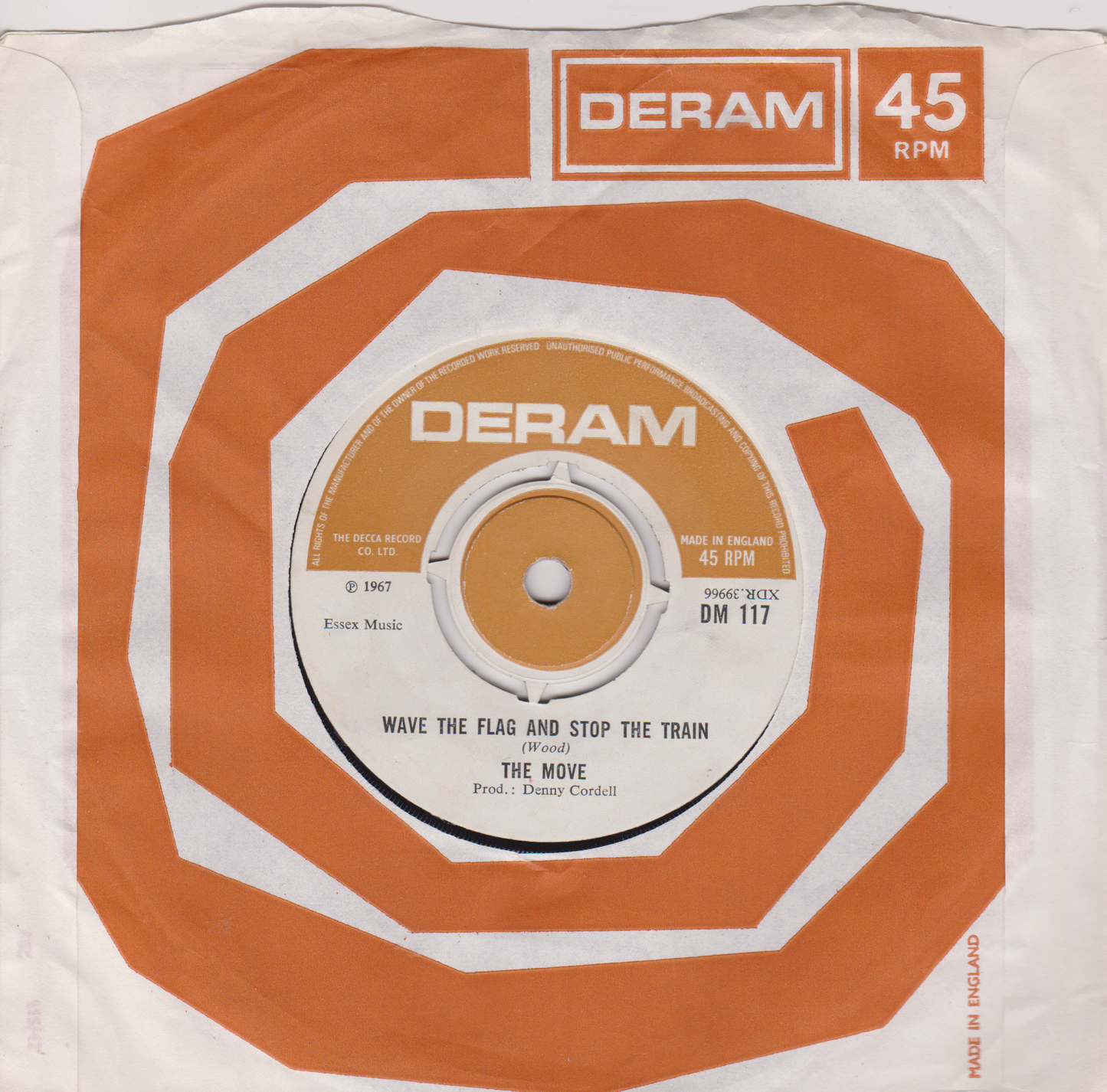 Vintage Deram 45 RPM record cover with orange and white design