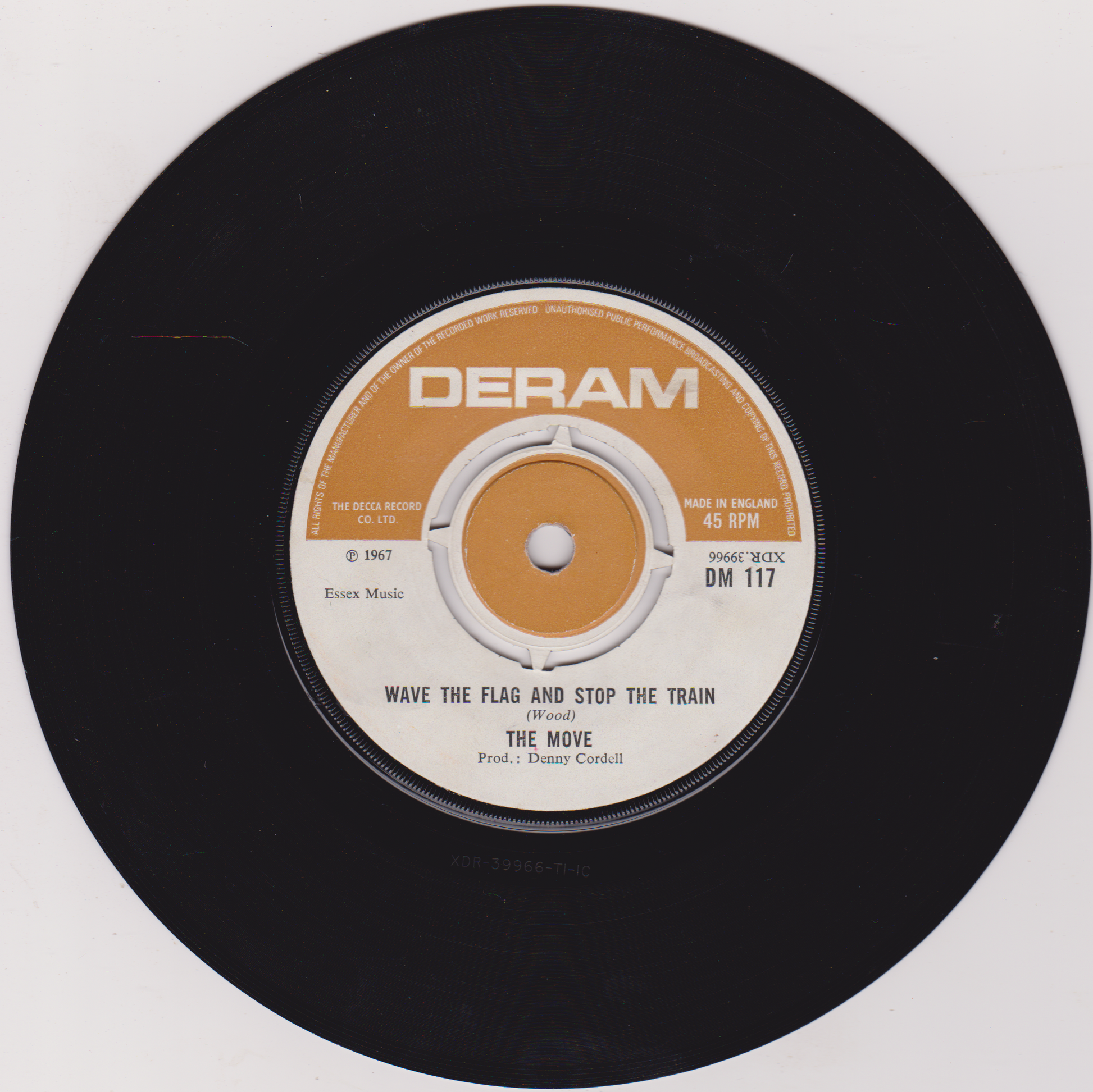 Vinyl record with a white label featuring 'DERAM' branding on a black background