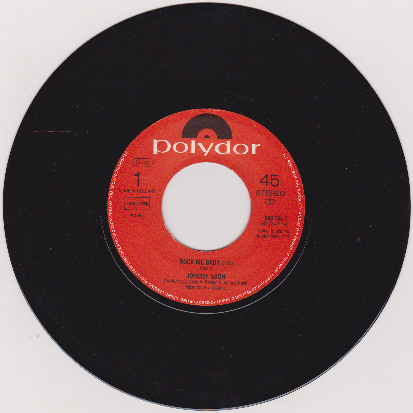 Johnny Nash – Rock Me Baby (Polydor 1985) 7" vinyl single VG/VG jukebox centre