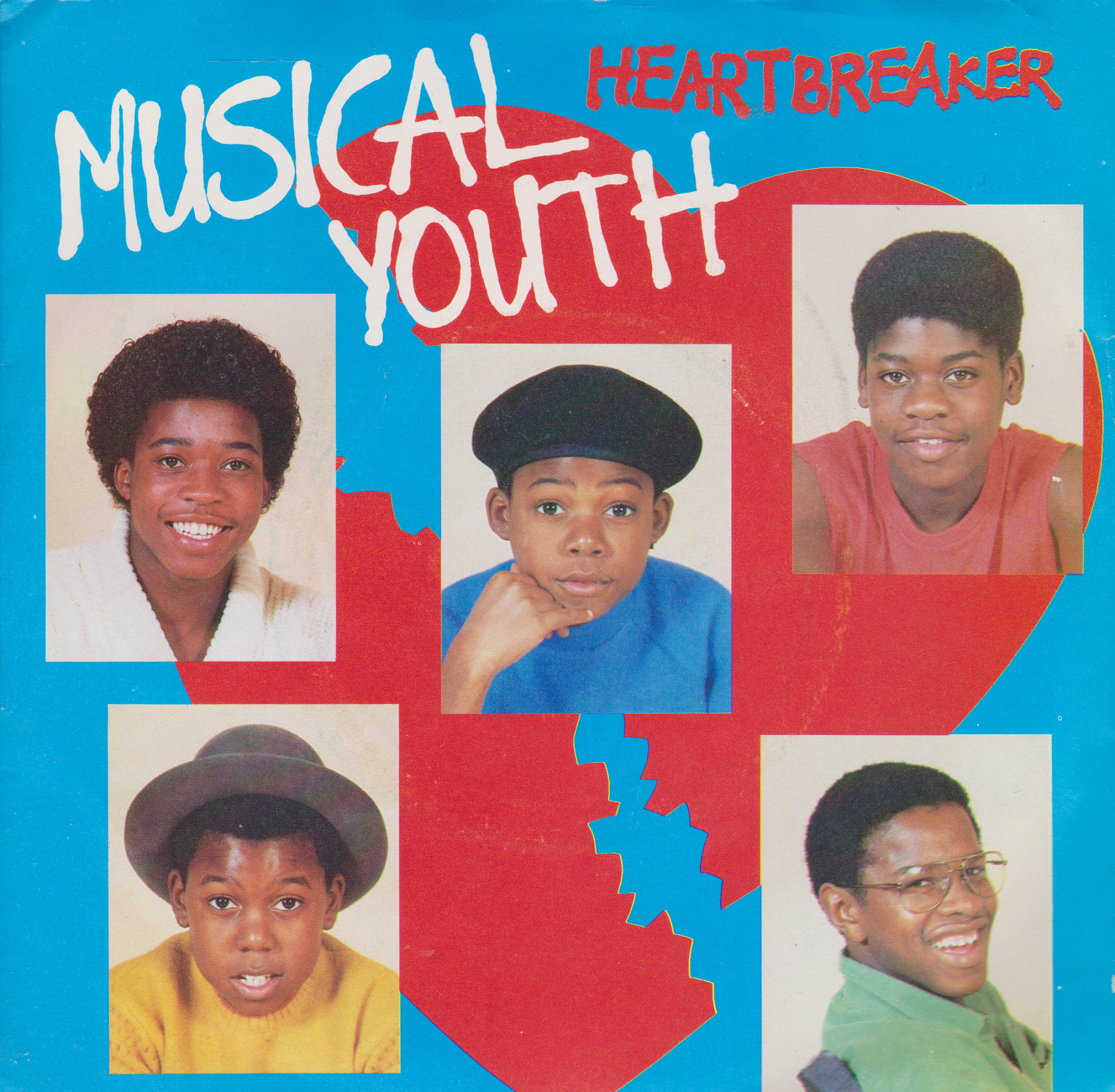 Single cover for 'Heartbreaker' by Musical Youth featuring portraits of young men with a red heart shape.