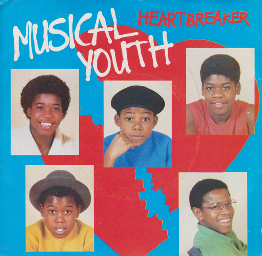 Single cover for 'Heartbreaker' by Musical Youth featuring portraits of young men with a red heart shape.