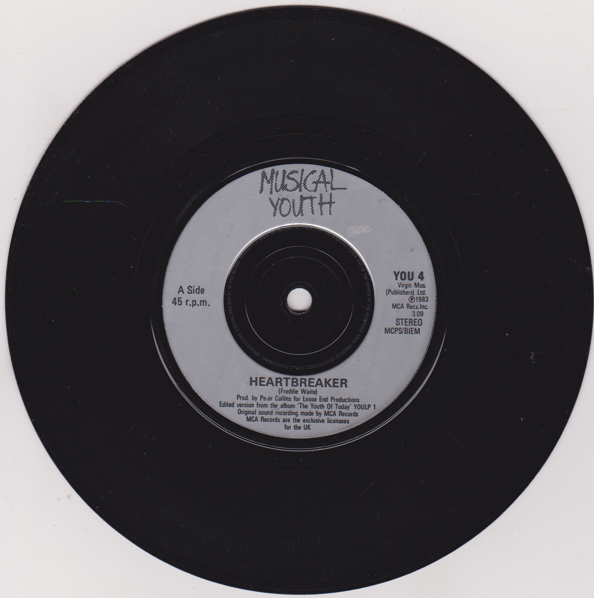 Vinyl record with 'Musical Youth' and 'Heartbreaker' text on a white background