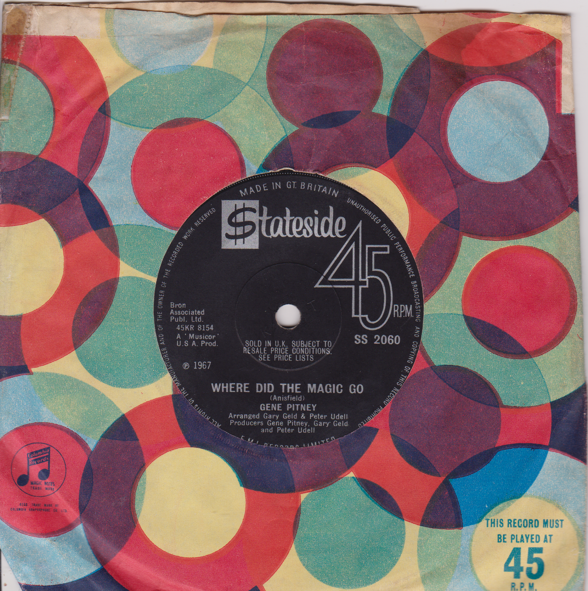 Colorful vinyl record cover with geometric pattern and Stateside 45 RPM label