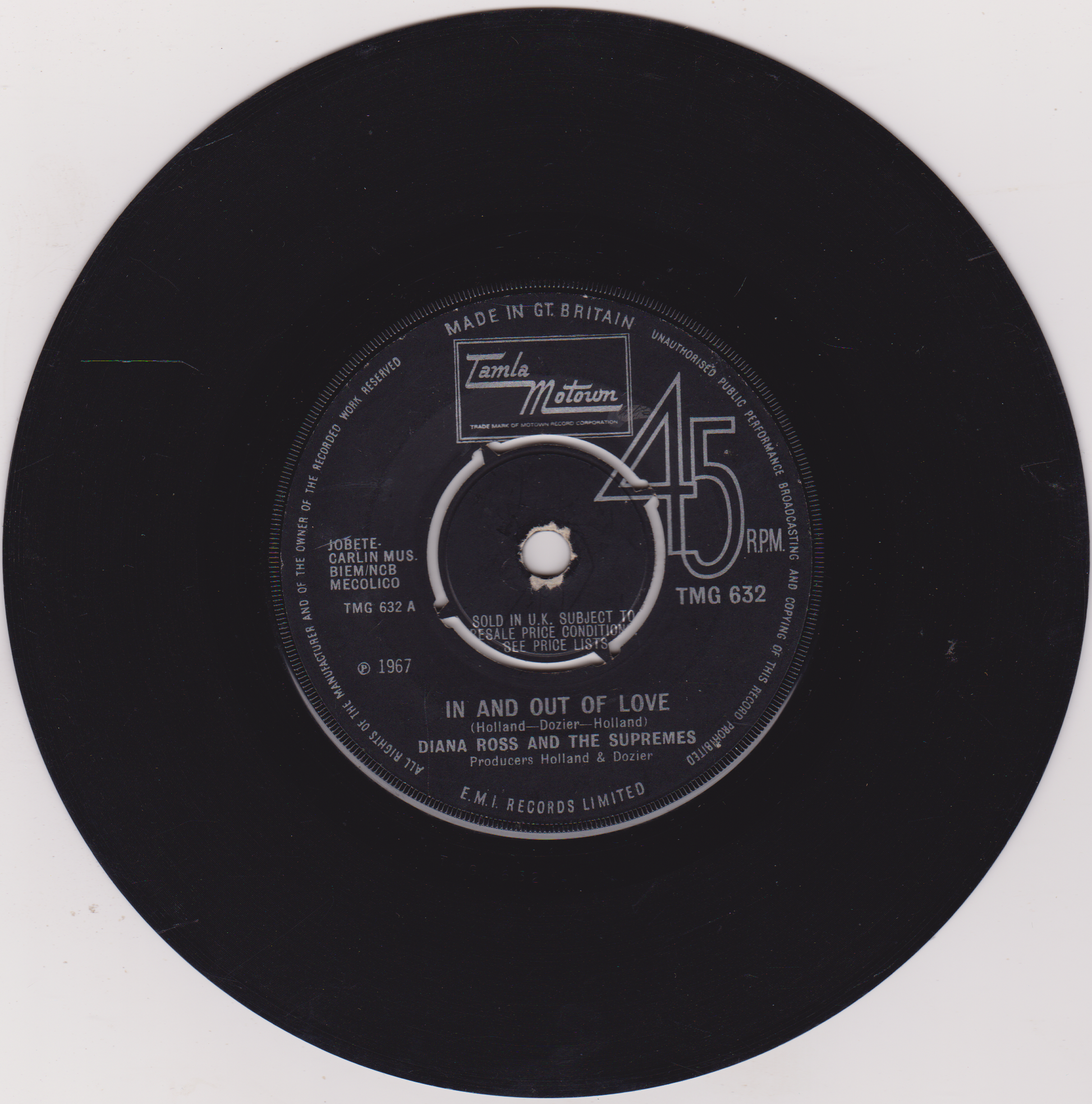 Record label with text and branding on a black background