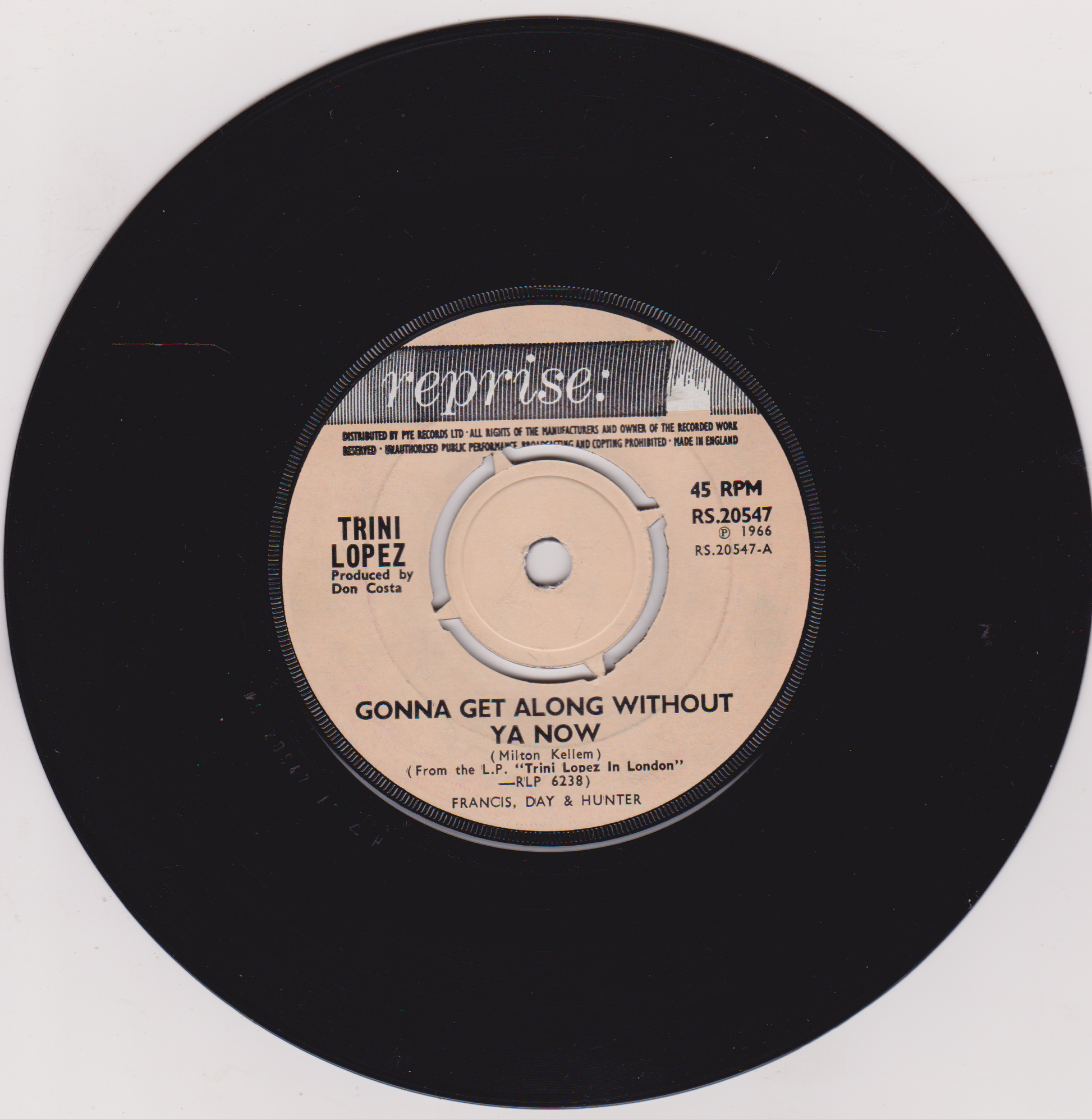 Vinyl record label with 'Trini Lpoez' song 'Gonna Get Along Without Ya Now' on a white background
