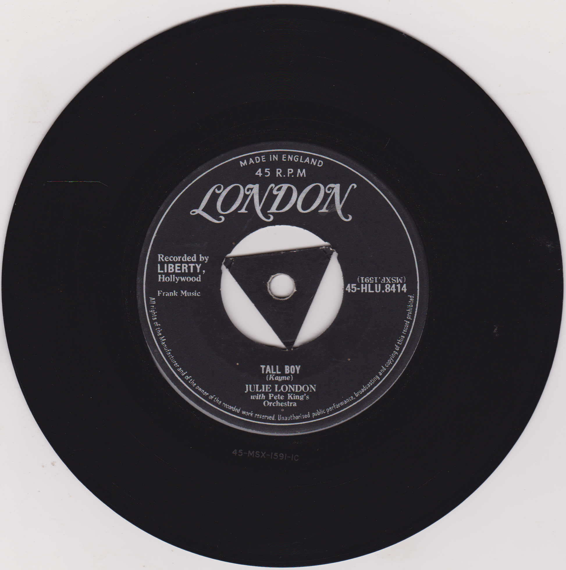 Black vinyl record with 'London' label on a white background