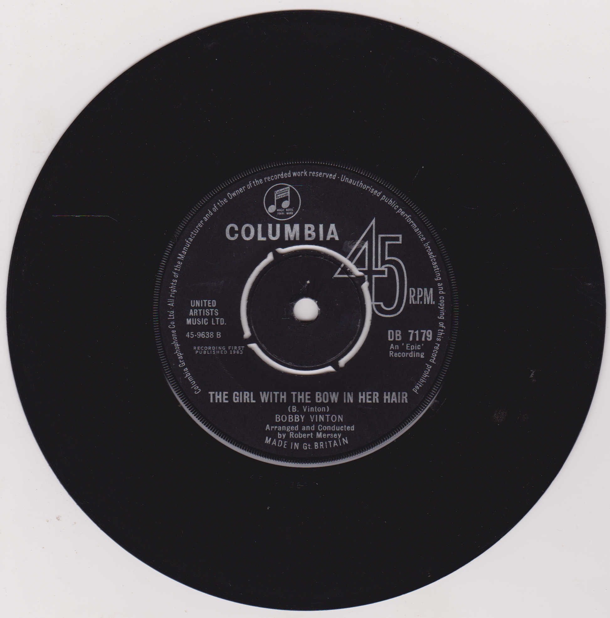 Black vinyl record with Columbia label and song information on a white background