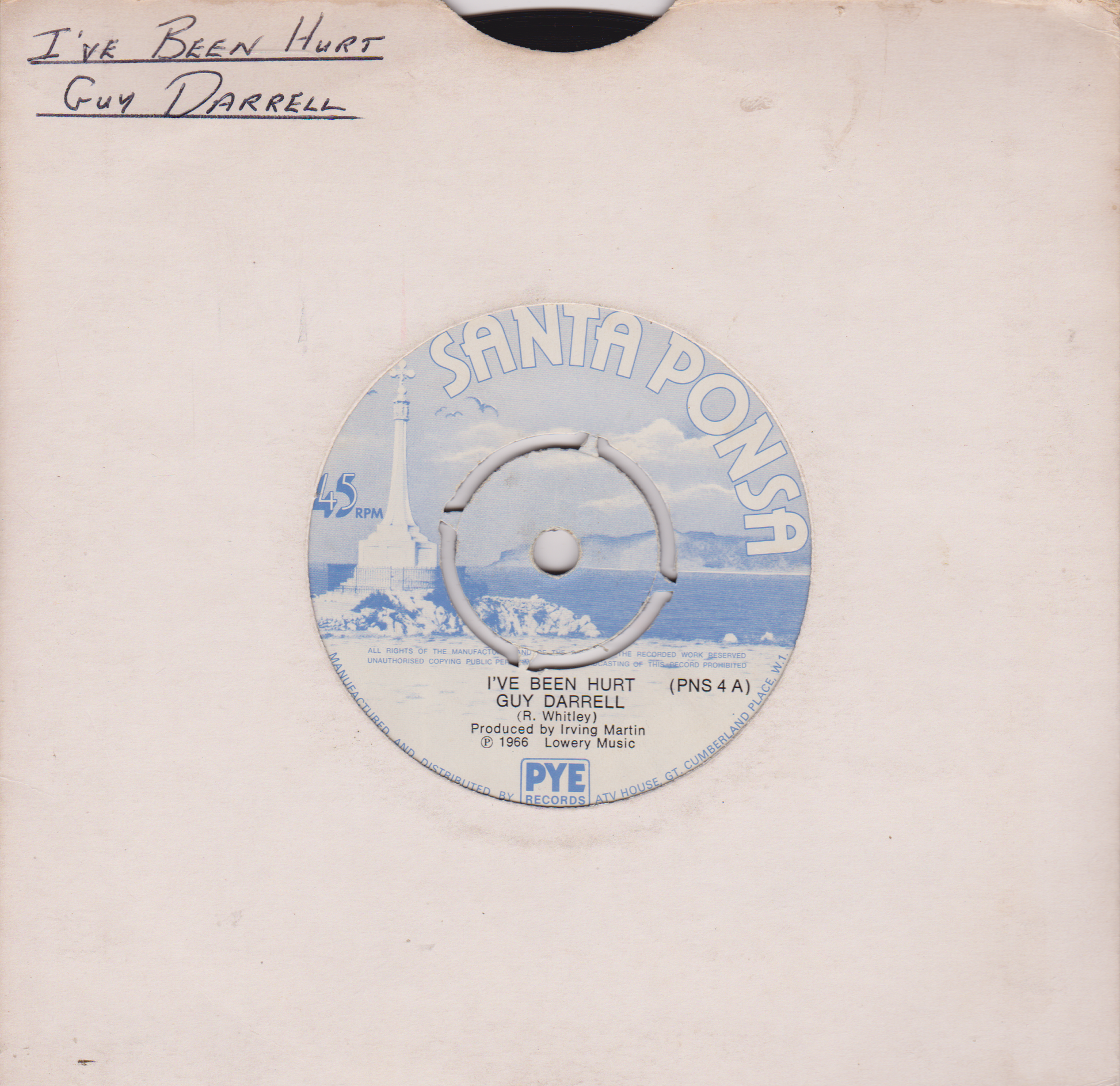 Record label for 'I've Been Hurt' by Guy Darrell with Santa Paula and PYE branding.