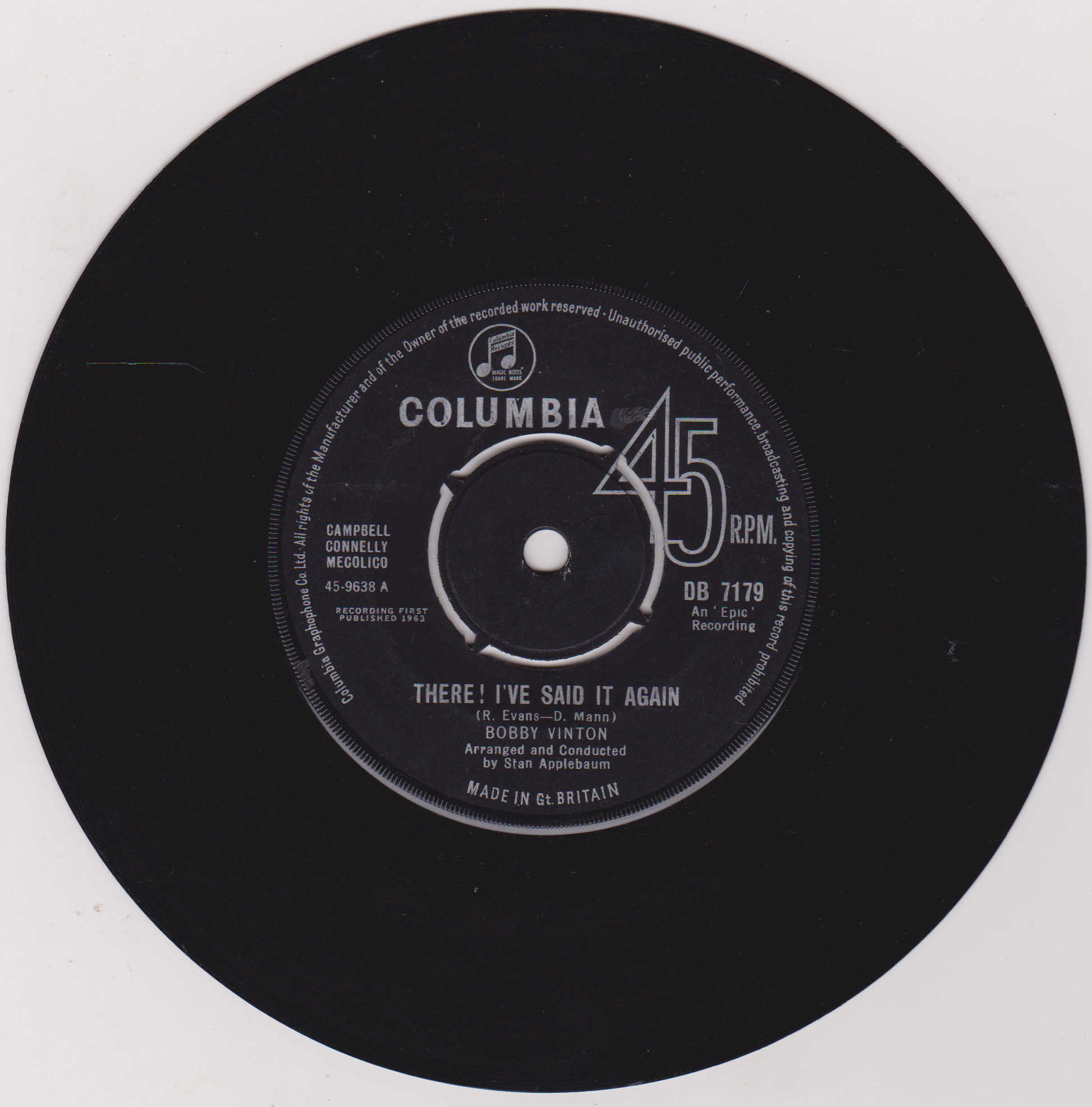 Black vinyl record label with Columbia branding and 45 RPM details