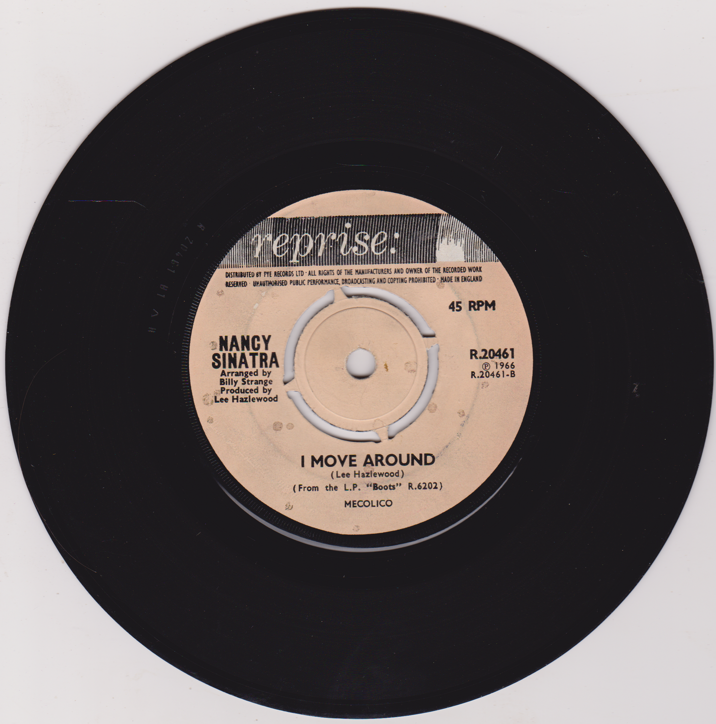 Record label of a Nancy Sinatra record with 'I Move Around' on a white background