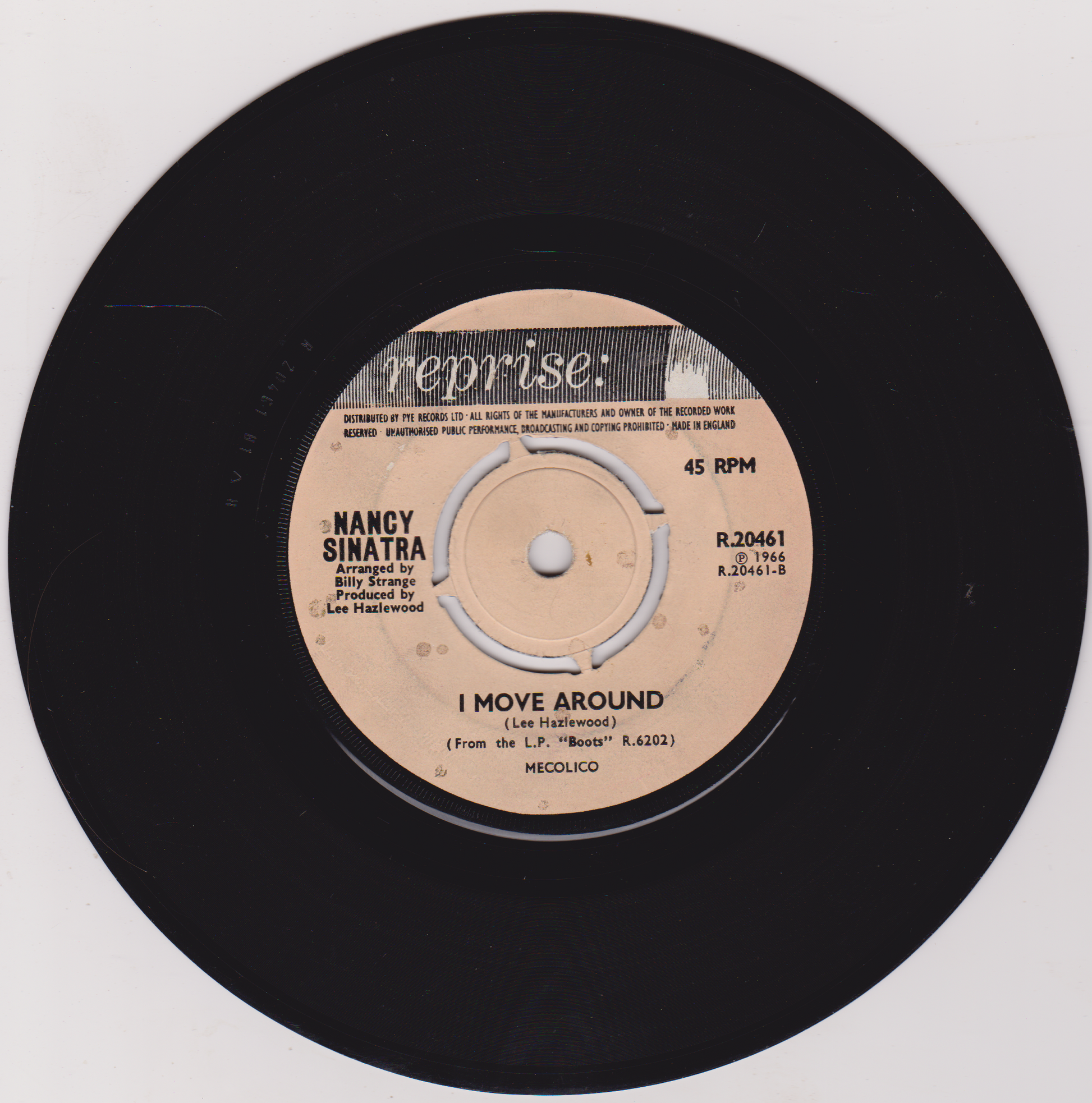 Record label of a Nancy Sinatra record with 'I Move Around' on a white background