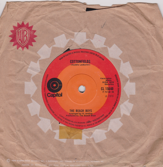 Record label with 'Capitol' logo and 'Cottonfields' by The Beach Boys on a brown background