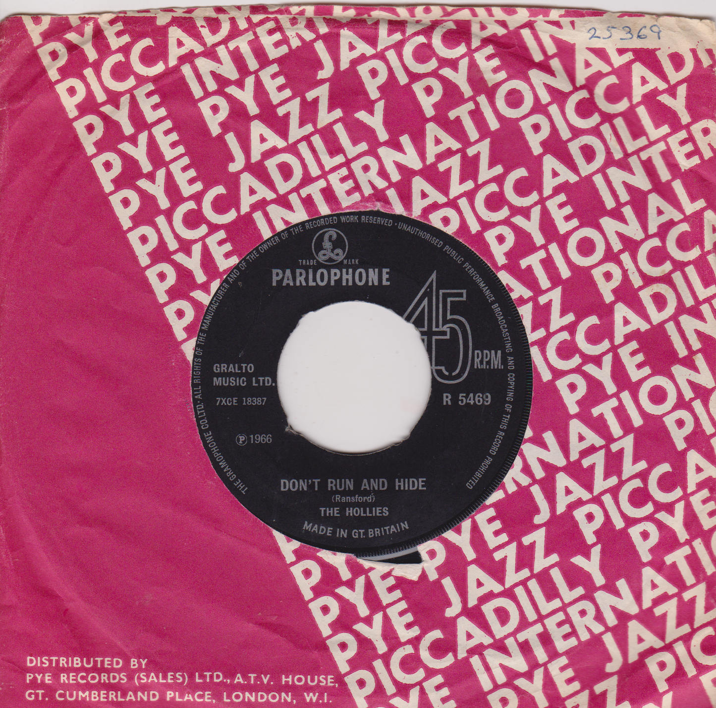 Record sleeve with a black label on a pink background featuring 'Pye' and 'Parlophone' logos.