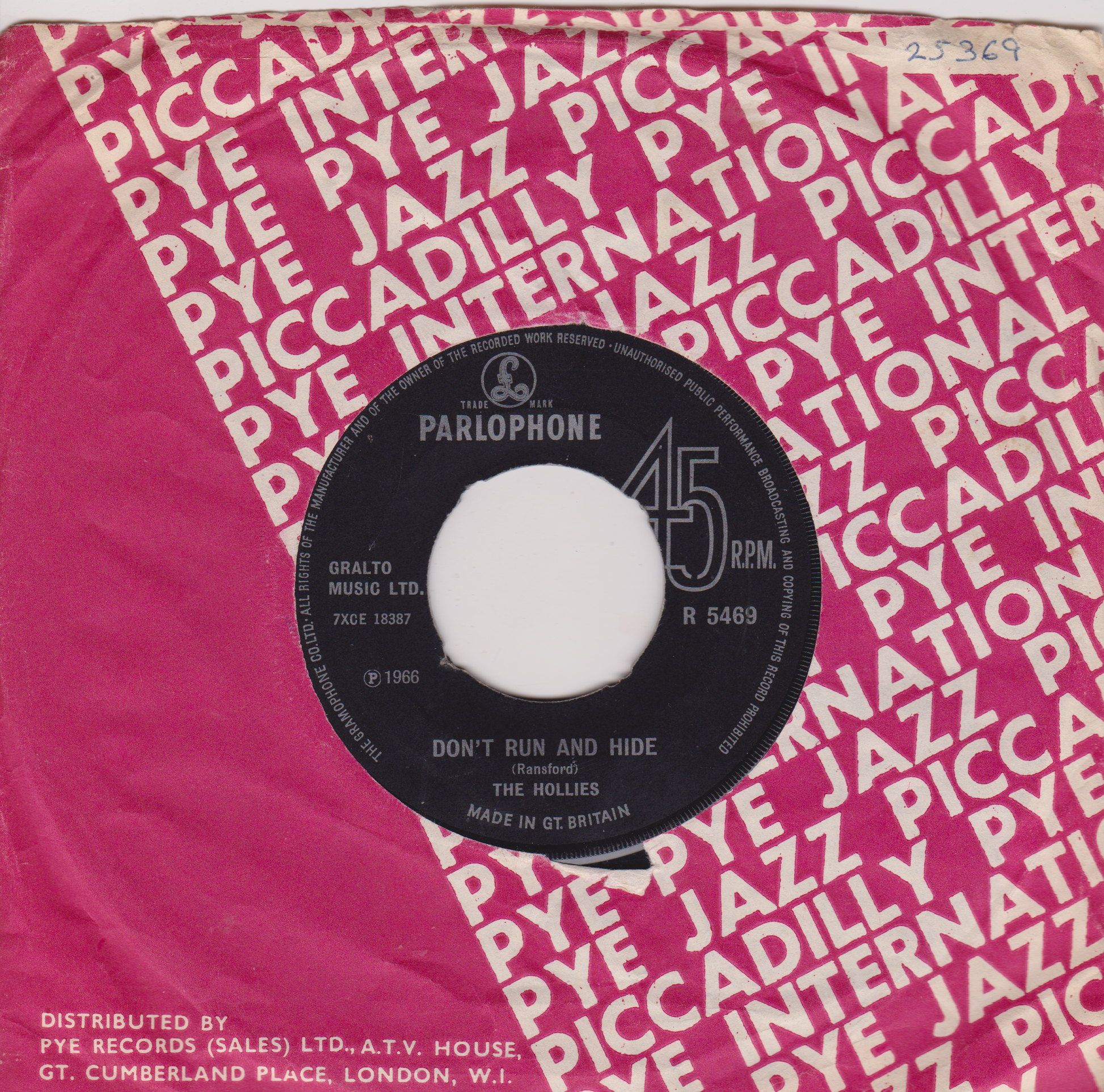 Record sleeve with a black label on a pink background featuring 'Pye' and 'Parlophone' logos.