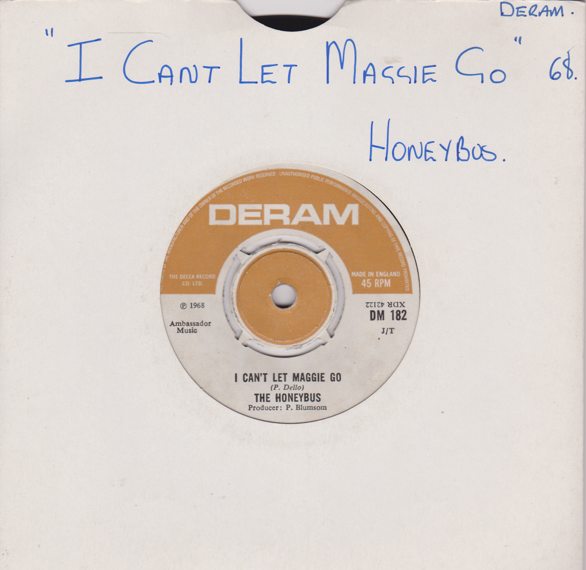 Record label with 'I Can't Let Maggie Go' by The Honeybus on a white background