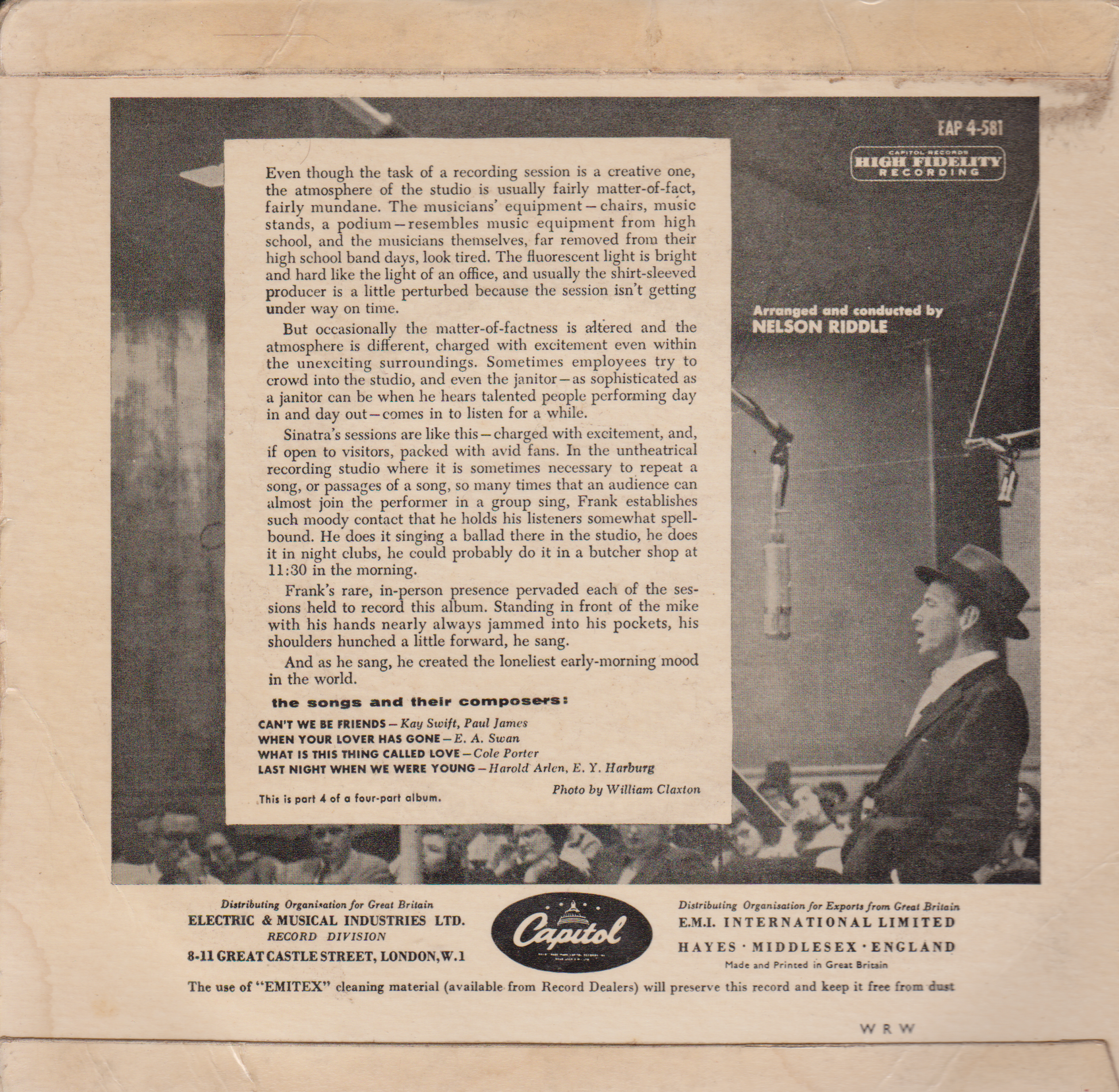 Vintage record single back cover with text and a black and white photo of a man in a hat.
