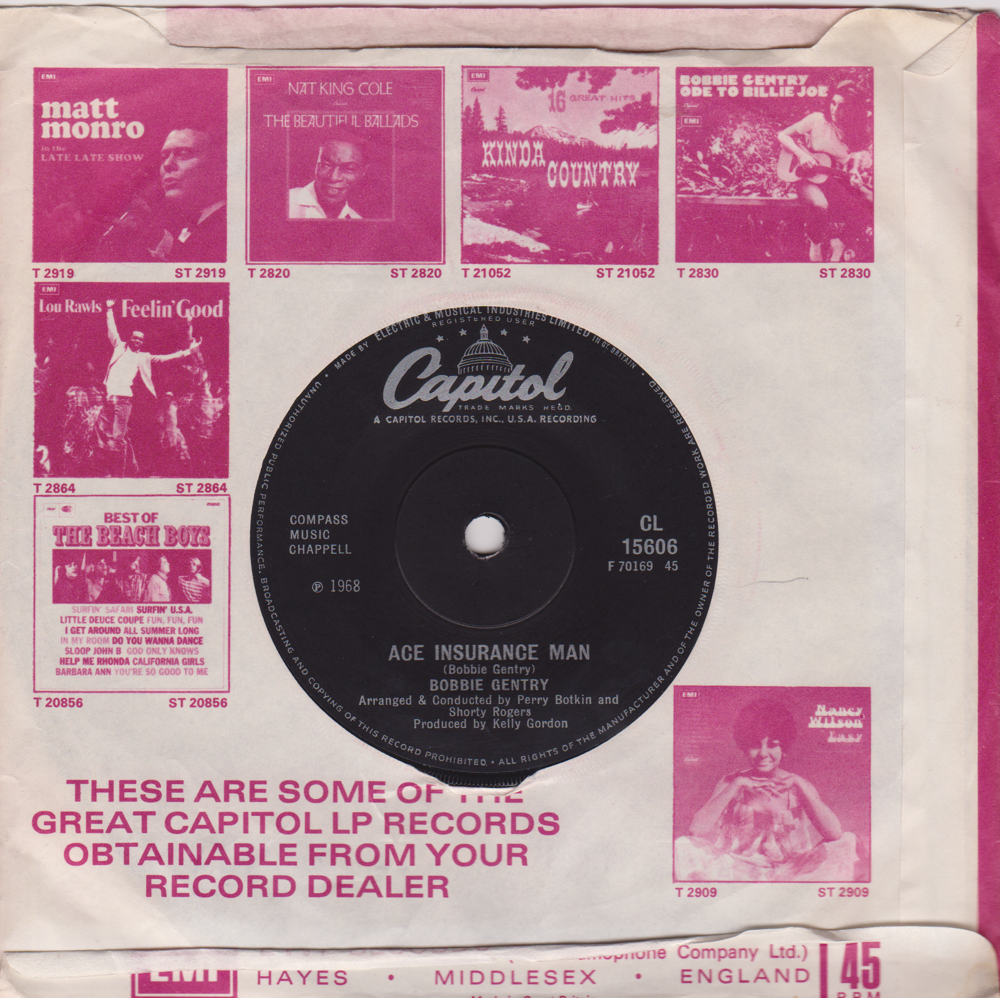 Capitol Records record sleeve with promotional text and album covers on a pink background