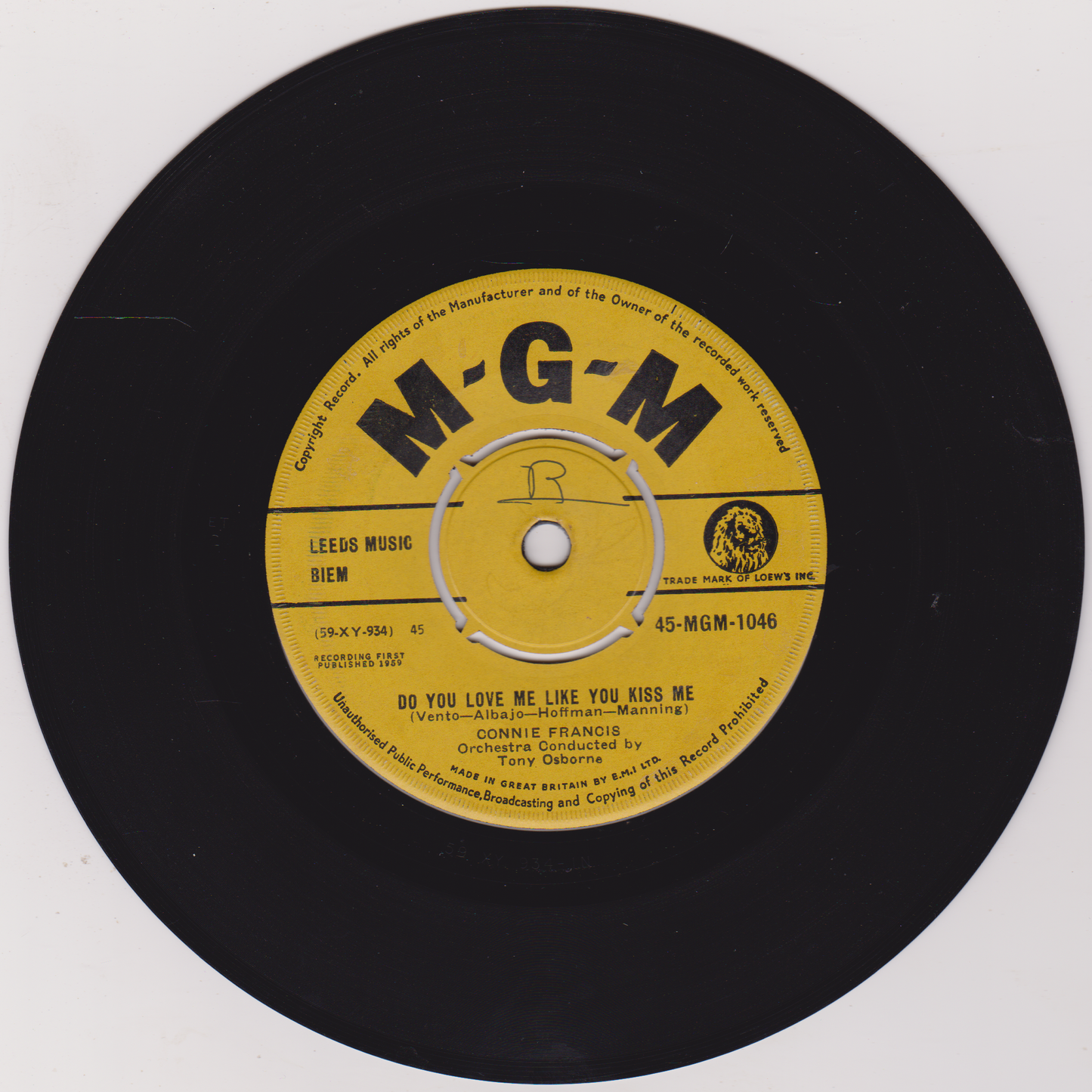 Vintage 45 RPM record label with 'M-G-M' branding on a white background