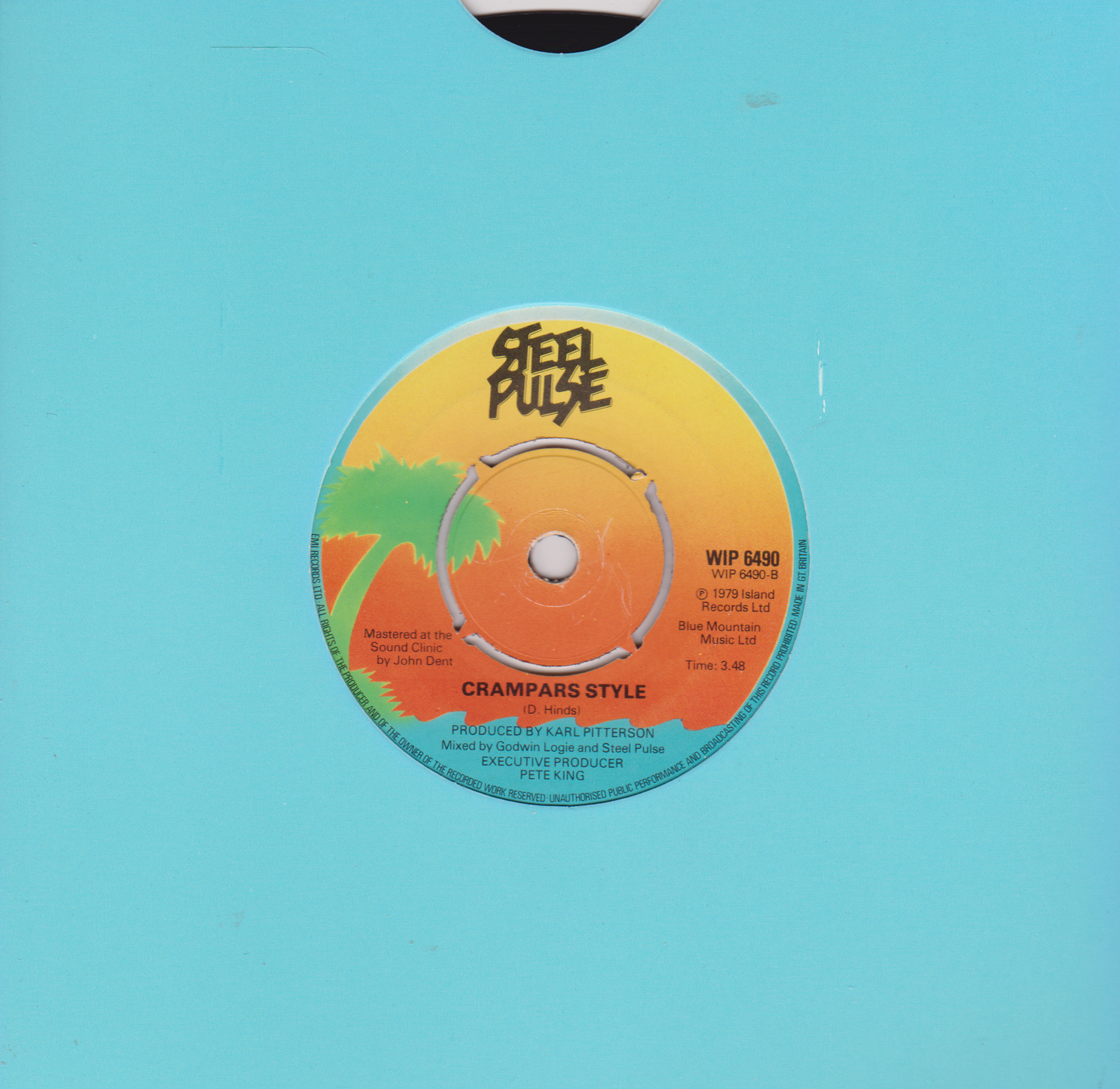 Vinyl record label with text and graphics on a blue background