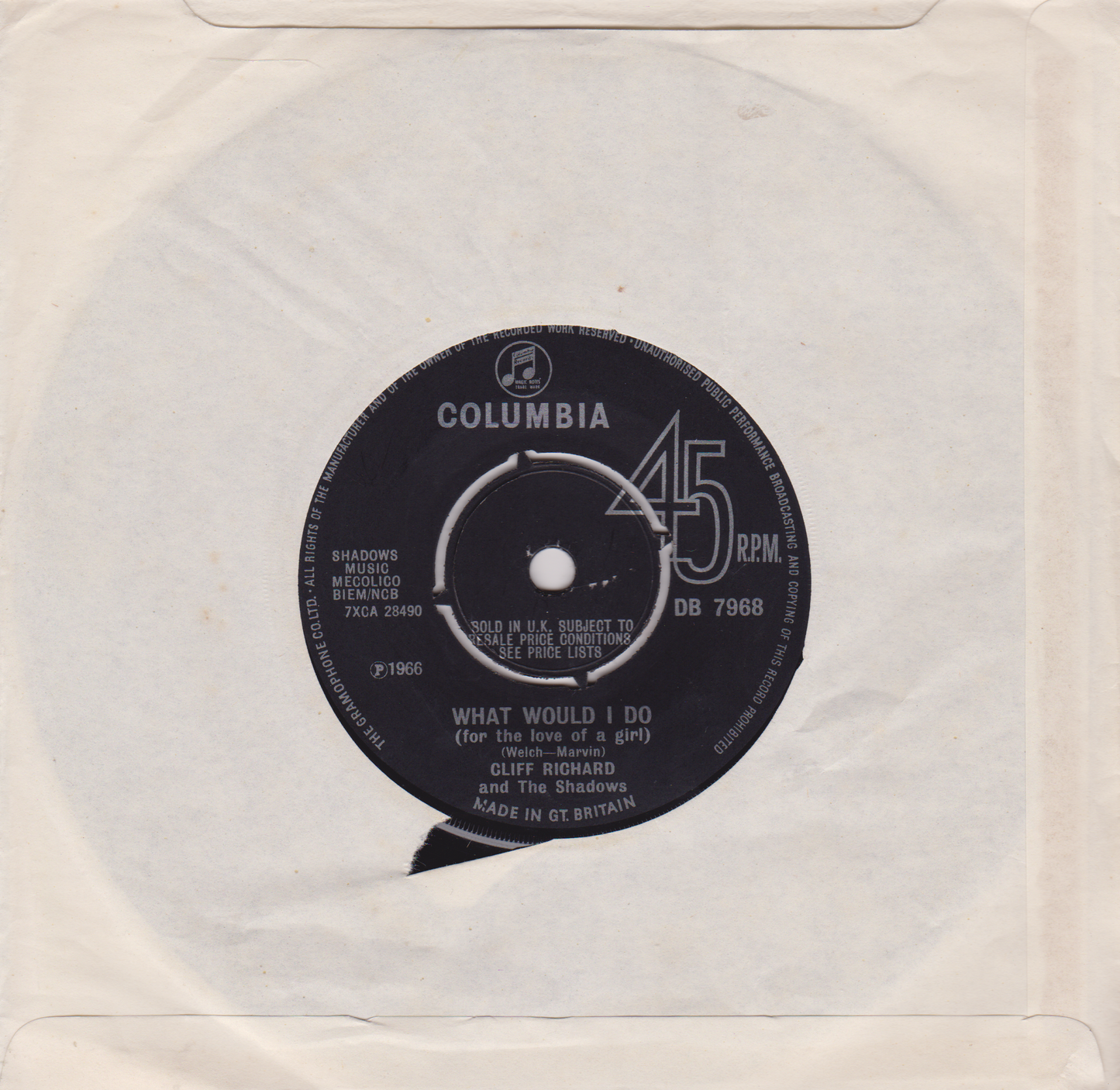 Record label of a Columbia 45 RPM record with text and a white background