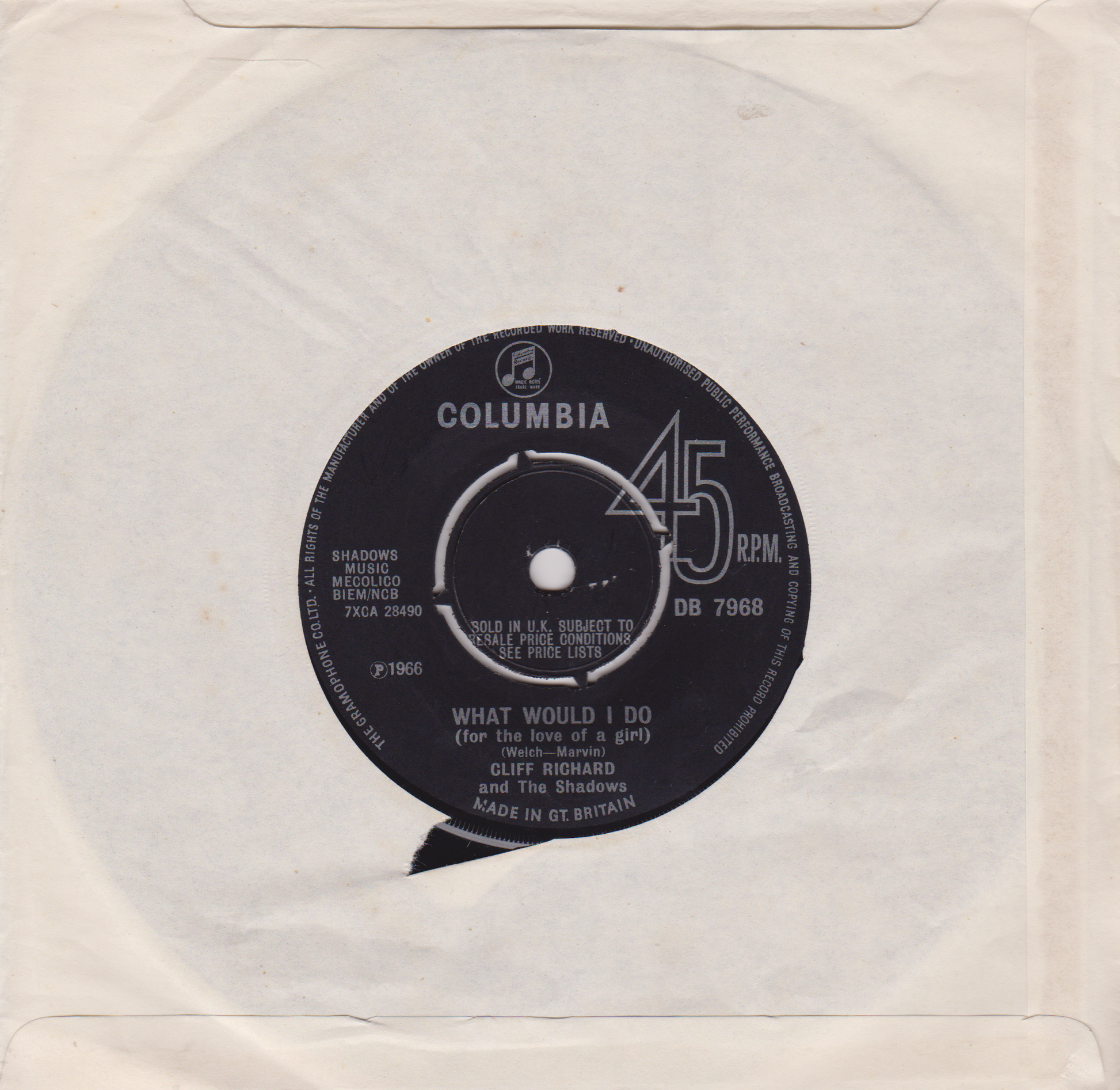 Record label of a Columbia 45 RPM record with text and a white background