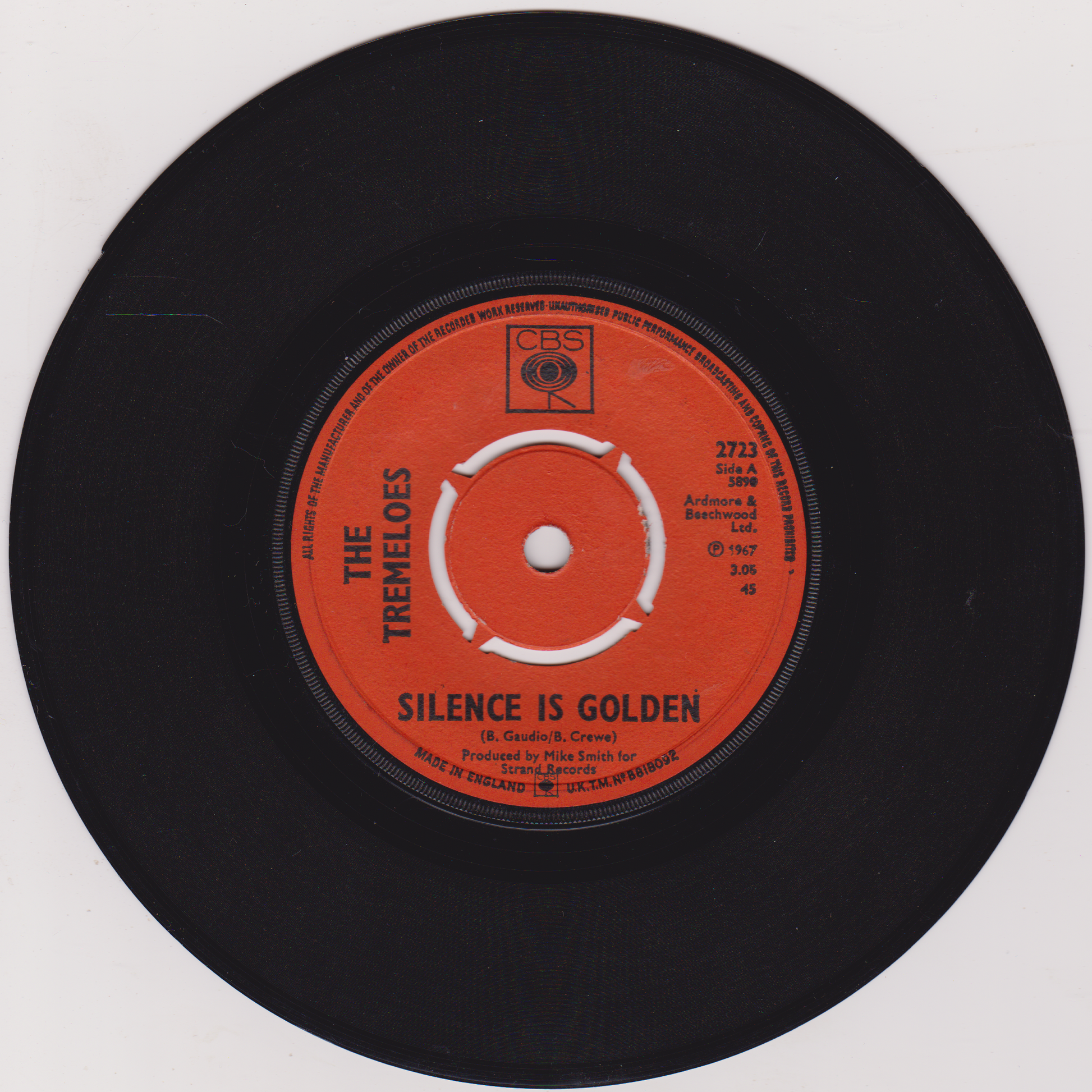 Vinyl record with red label featuring 'The Tremeloes' and 'Silence Is Golden' on a white background