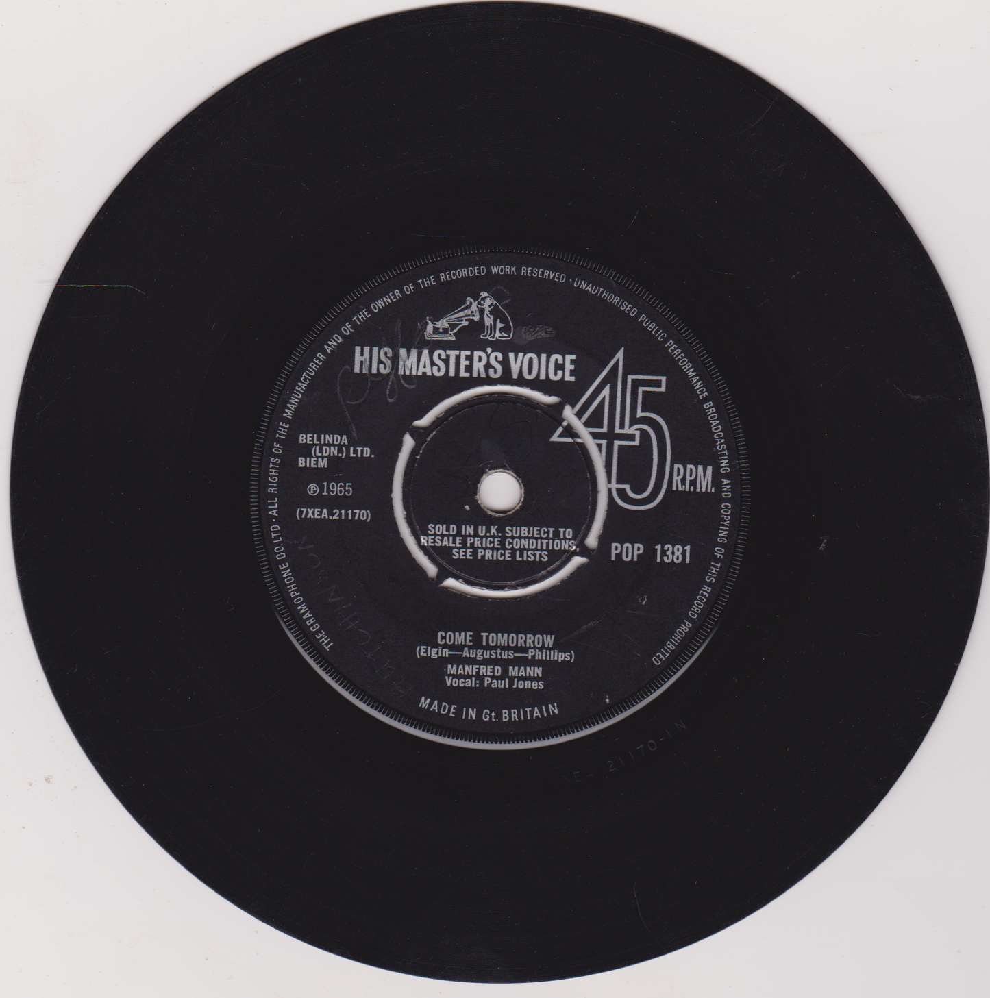 Black vinyl record with 'His Master's Voice' label on a white background