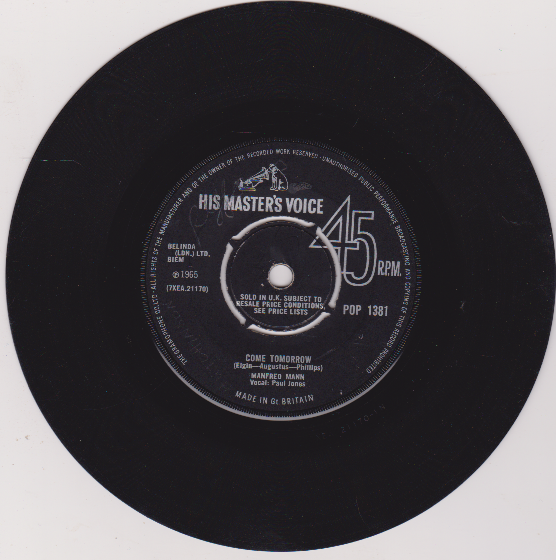 Black vinyl record with 'His Master's Voice' label on a white background
