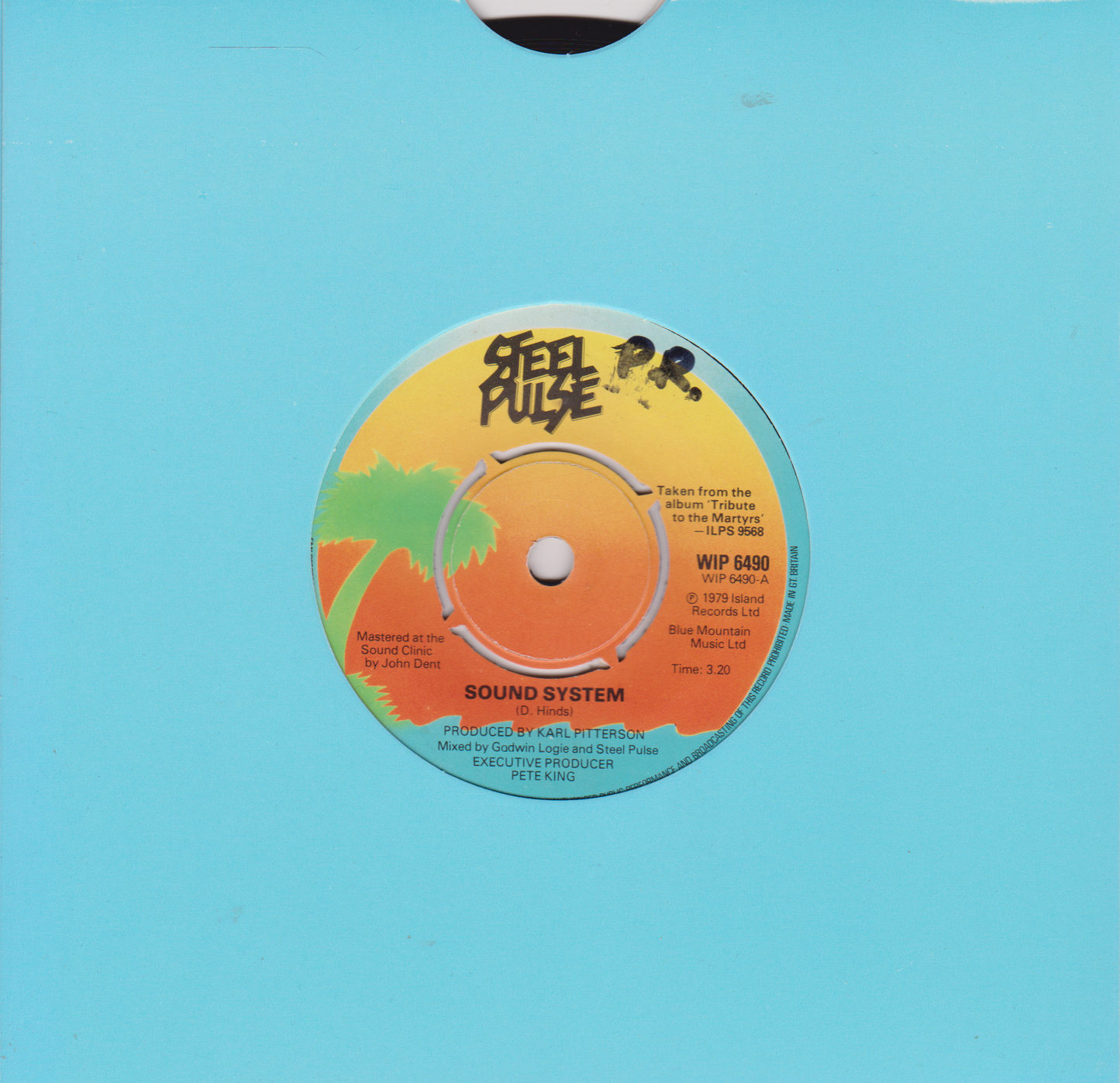 Vinyl record label with text and graphics on a blue background
