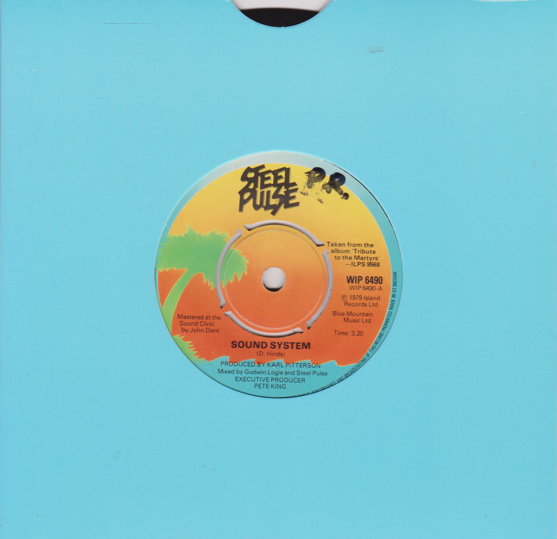 Vinyl record label with text and graphics on a blue background