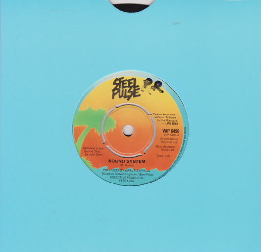 Vinyl record label with text and graphics on a blue background