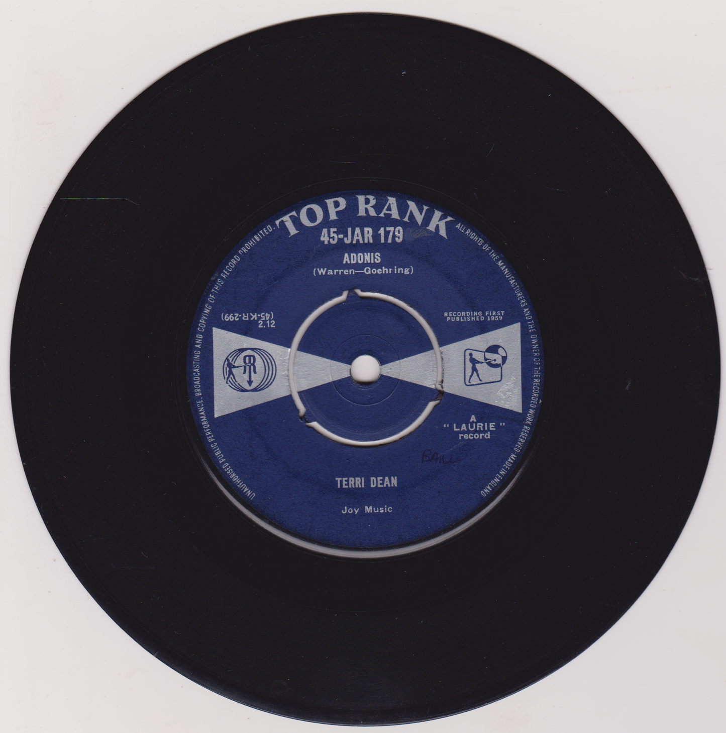 Vinyl record with a blue label on a white background