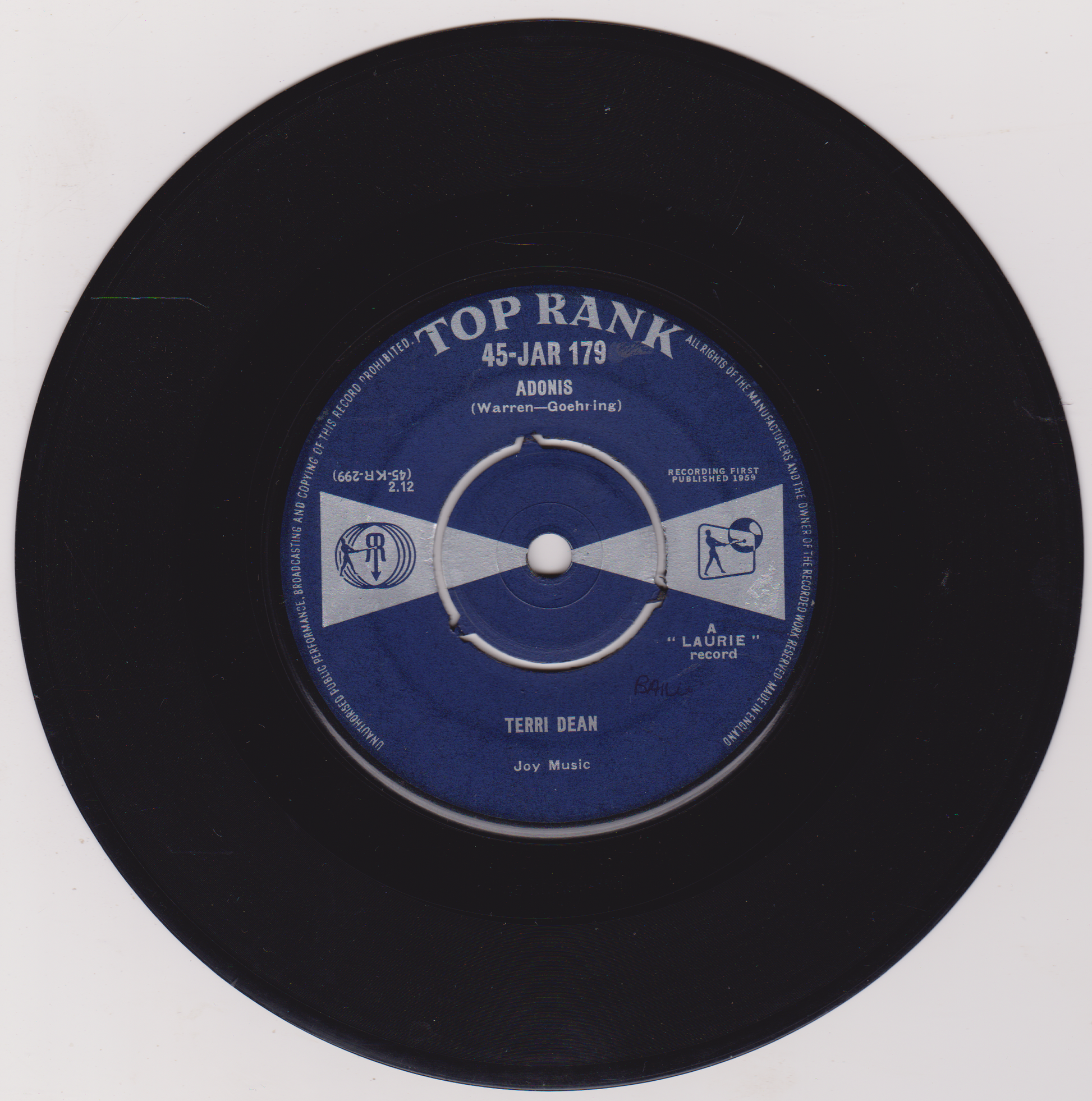 Vinyl record with a blue label on a white background