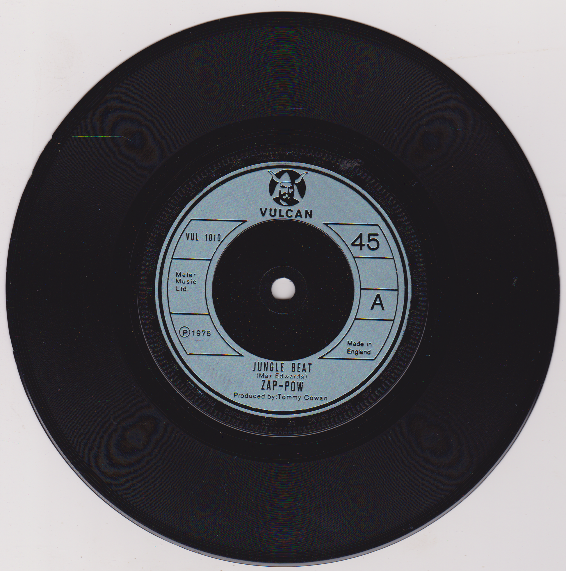 Black vinyl record with a visible label on a white background