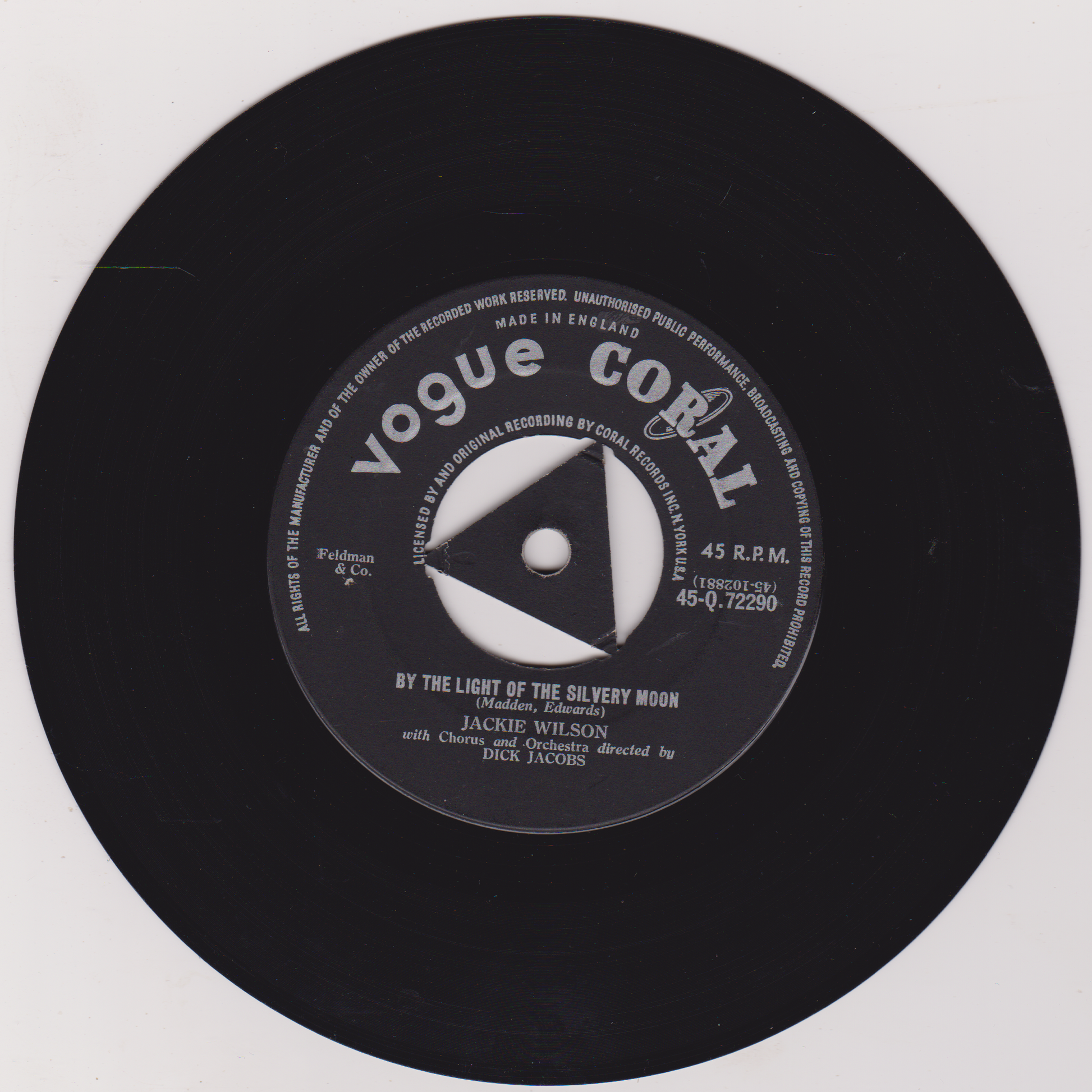 Black vinyl record with a label on a white background