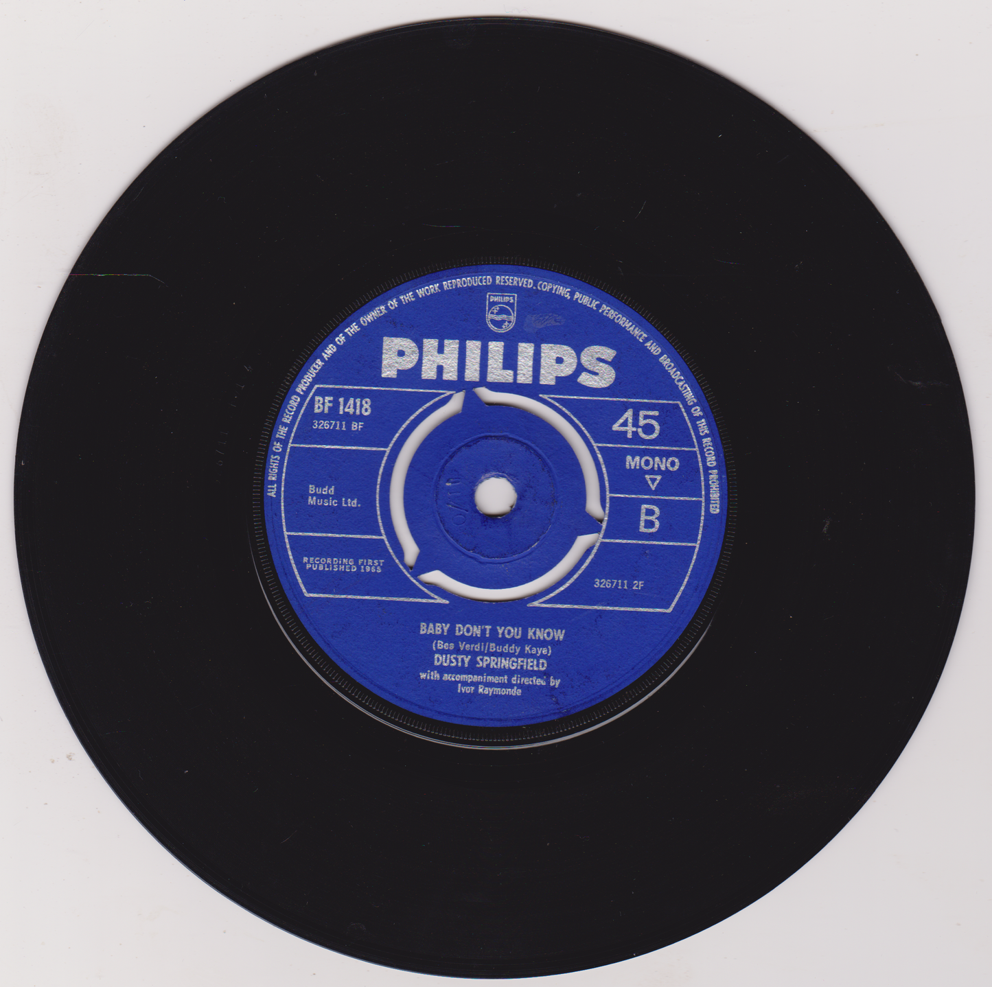Black vinyl record with a blue Philips label on a white background