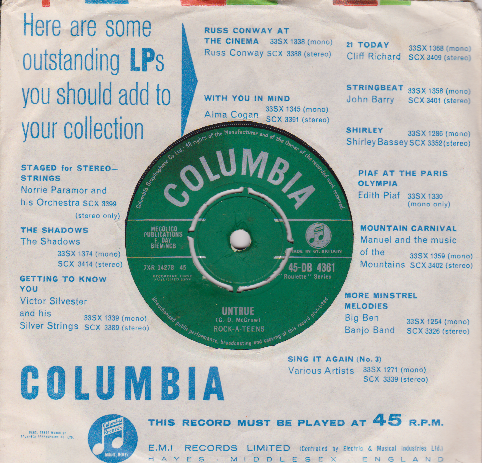 Columbia Records sleeve with text.