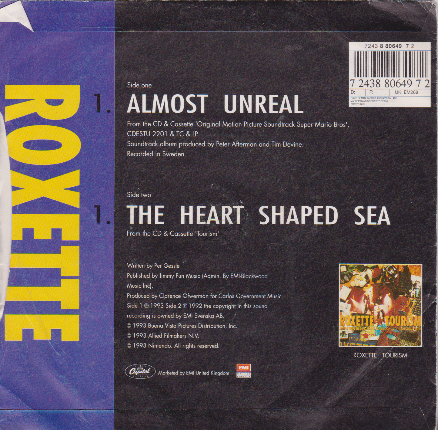 Back cover of a Roxette single with text and a small image of people.