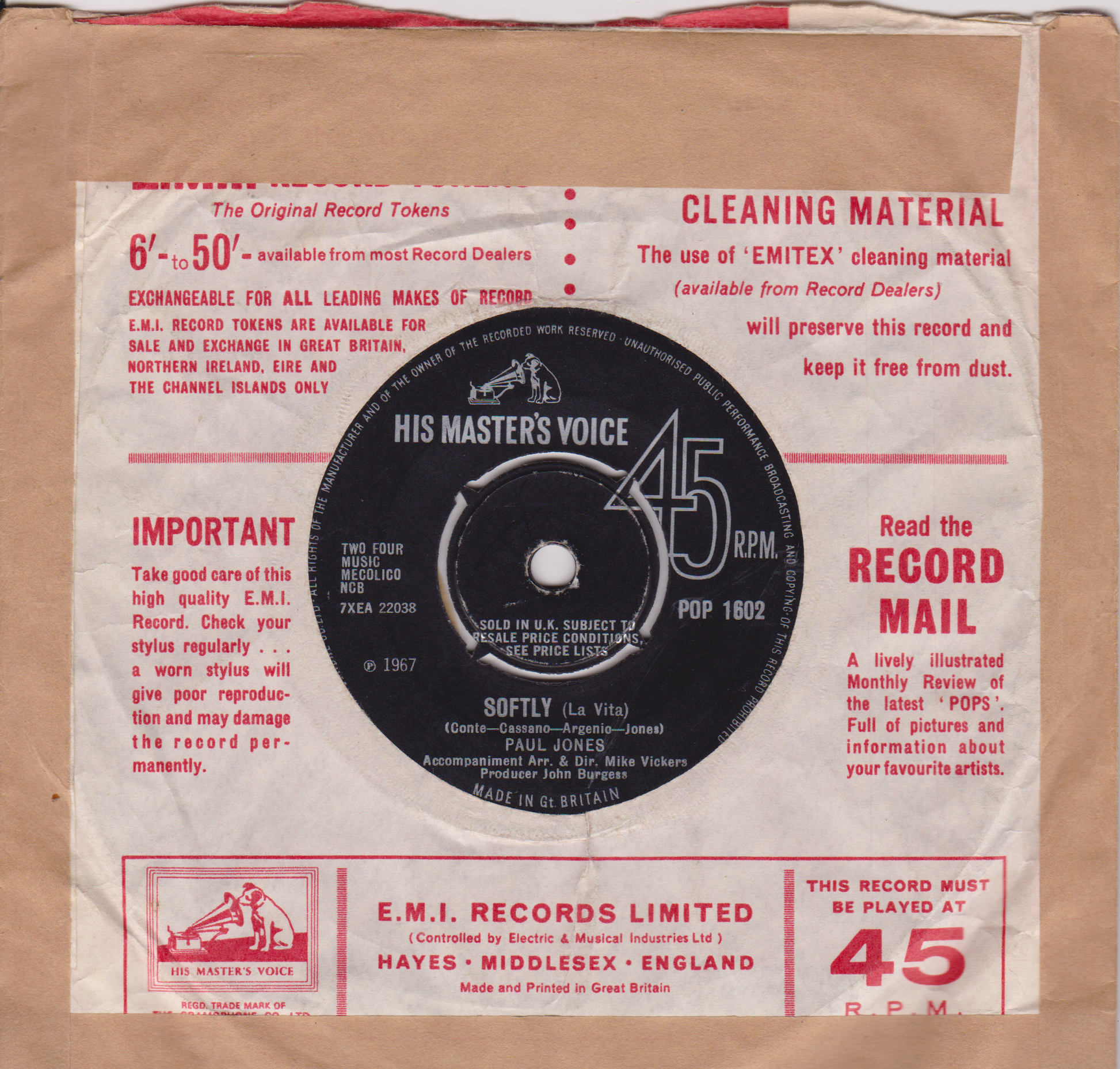 Vintage record label with text and a small vinyl record on a brown background