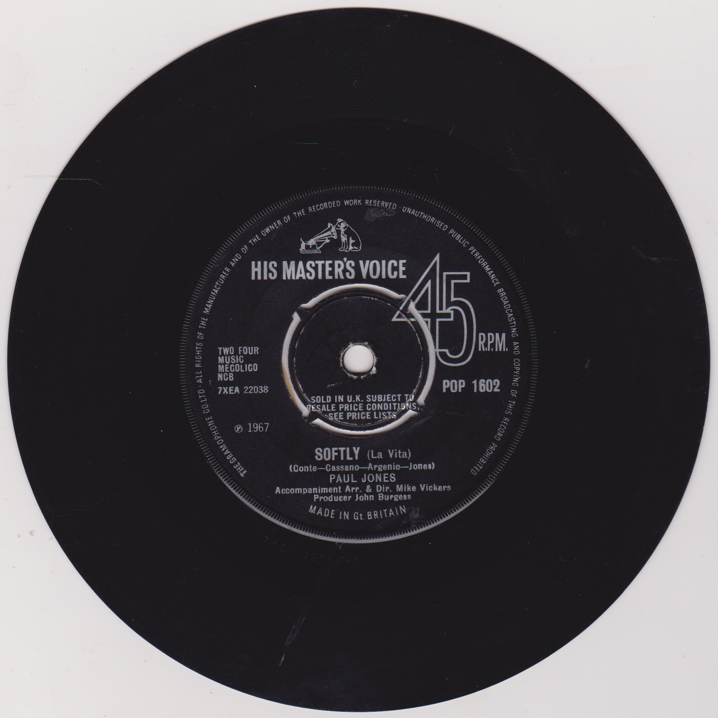 Black vinyl record with 'His Master's Voice' label on a white background