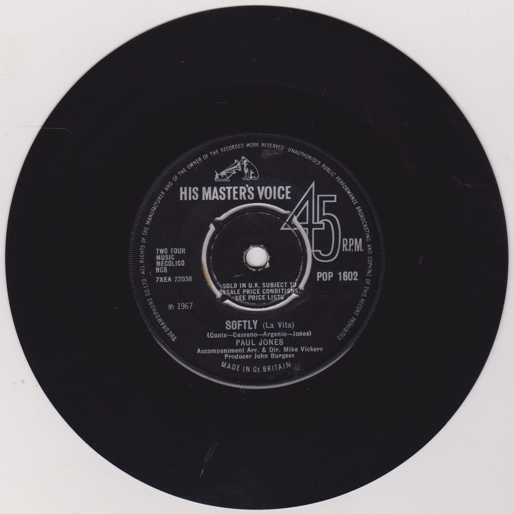 Black vinyl record with 'His Master's Voice' label on a white background