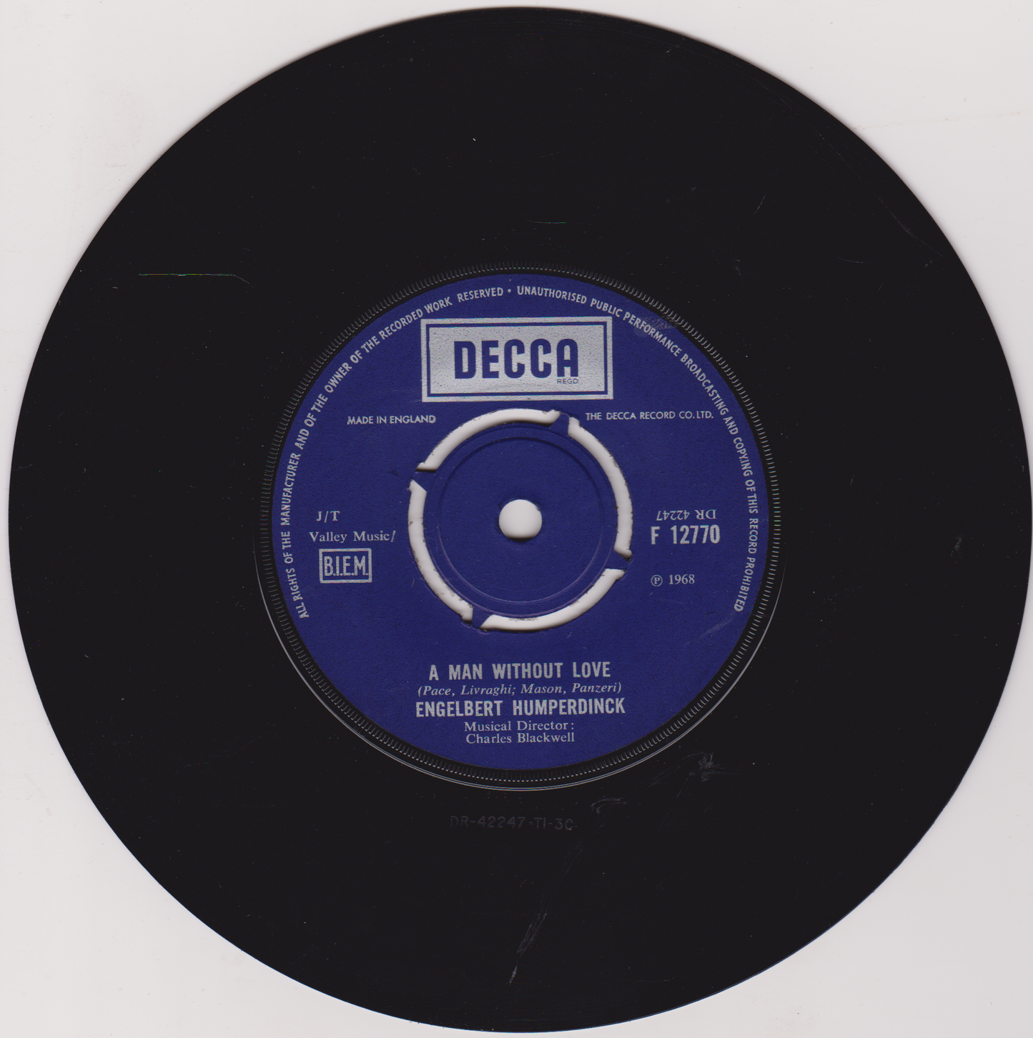 Engelbert Humperdinck – A Man Without Love (Decca, 1968) 7" vinyl single VG/-