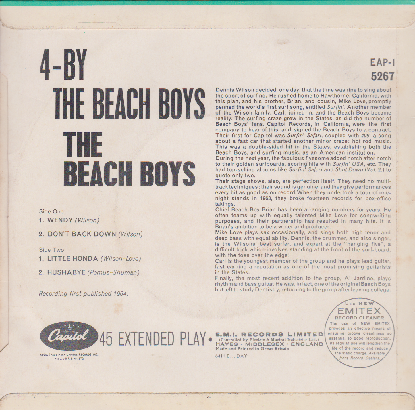 Back cover of a vinyl record by The Beach Boys with text and logos.